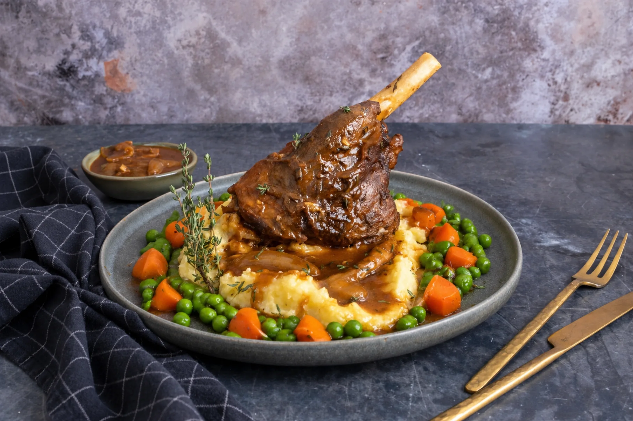 Braised Lamb Shanks and Mashed Potatoes with Buttered Carrots and Peas