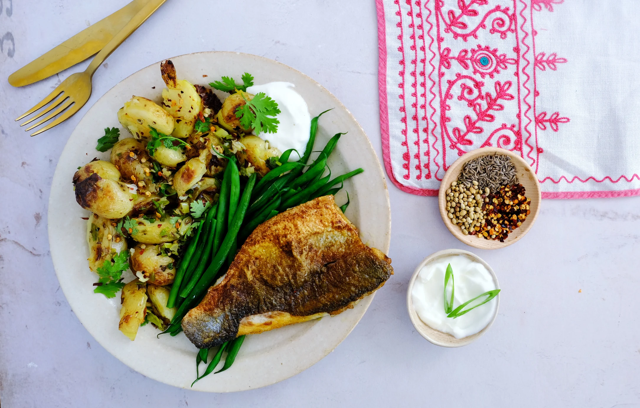 Indian Seabream with Gunpowder Potatoes and Green Beans