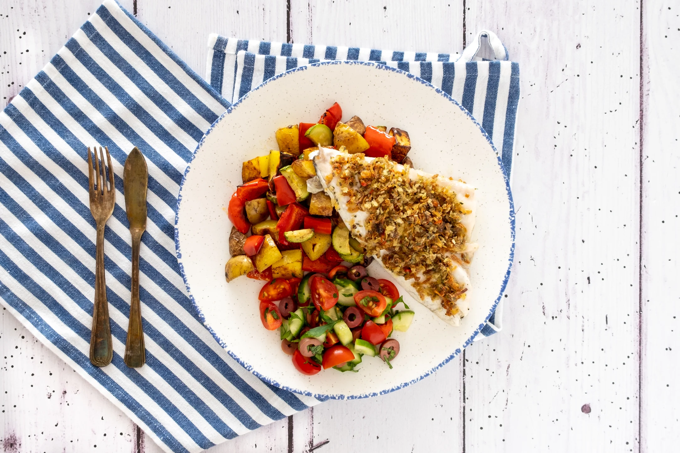 Greek Crumbed Seabream with Roasted Vegetables and Chunky Salsa