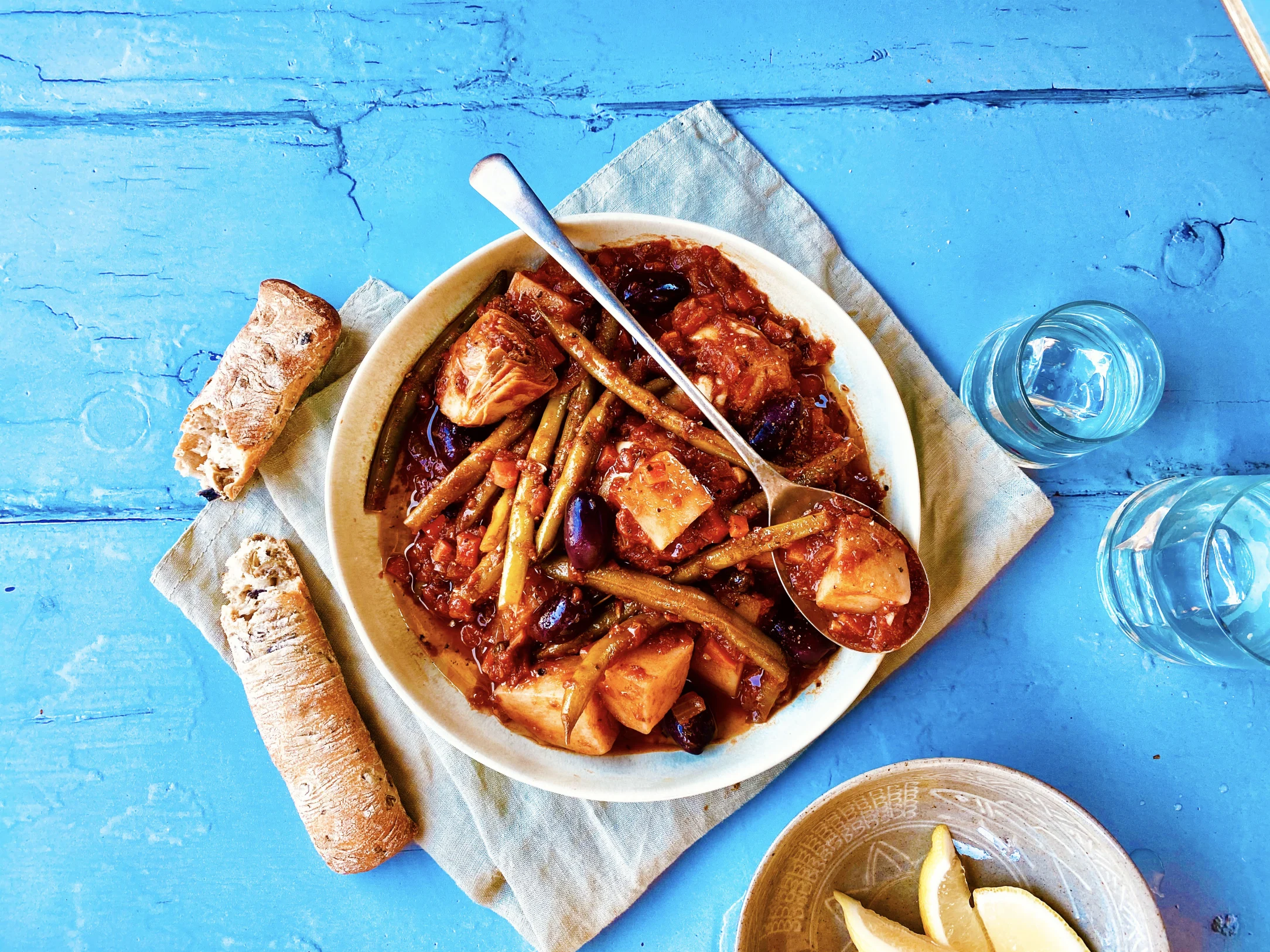 Greek Braised Potatoes and Beans with Artichokes and Olives
