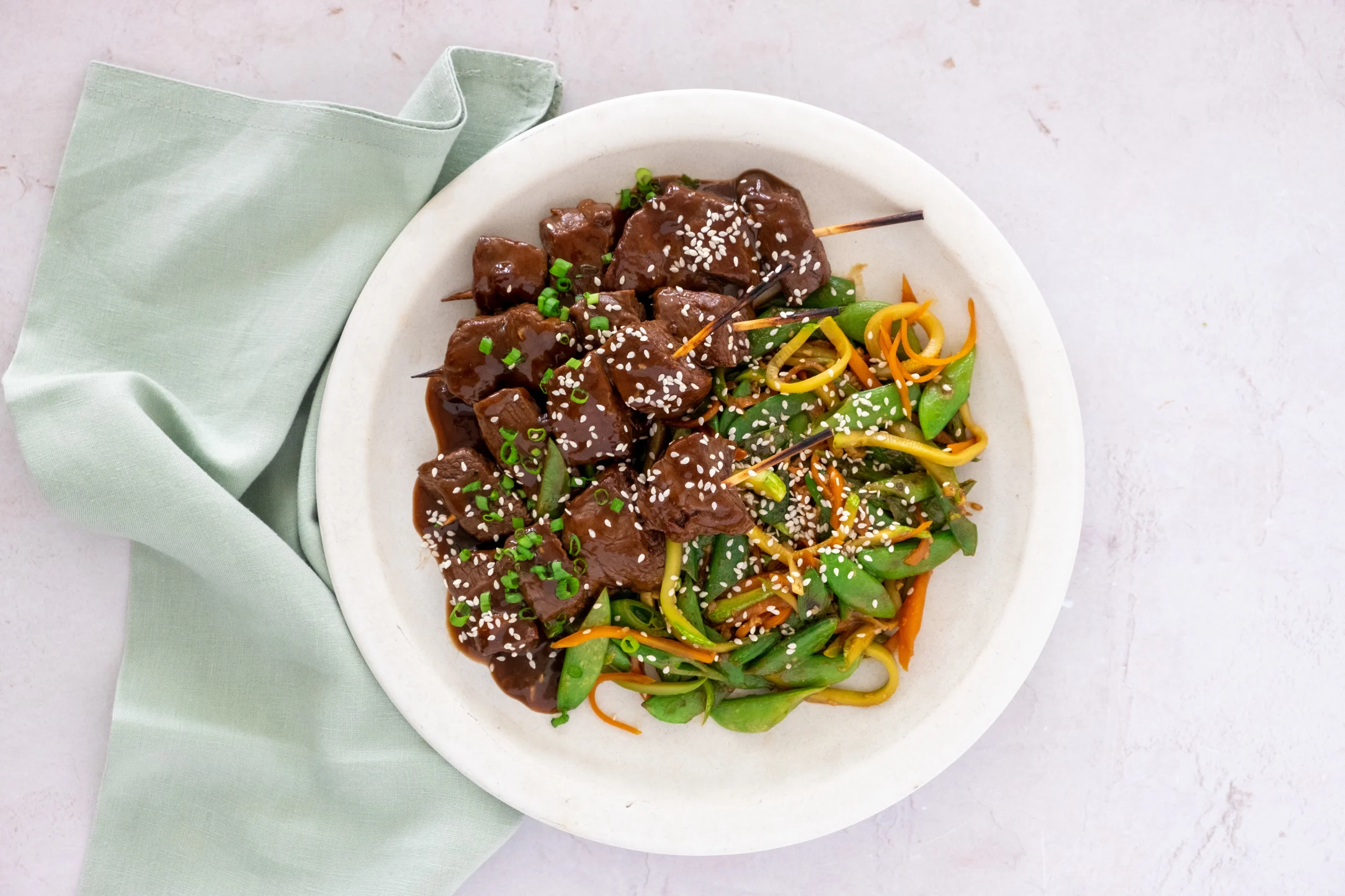 Redev: Teriyaki Steak Skewers with Stir-fried Veg