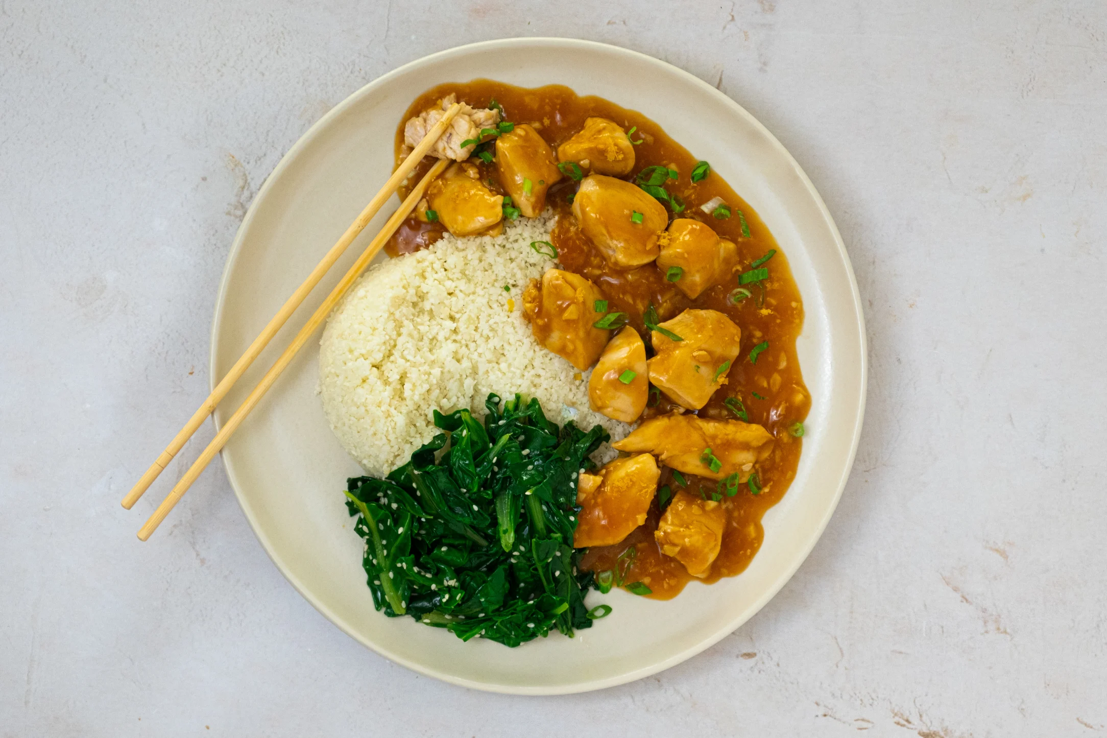 Orange Chicken with Cauli Rice and Sesame Spinach