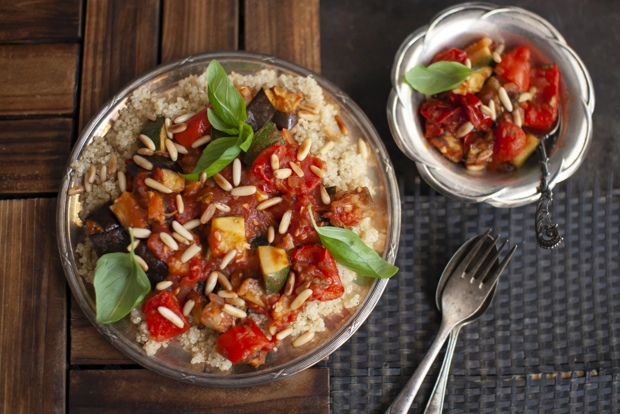 Roasted Ratatouille with Quinoa, Basil and Pine Nuts