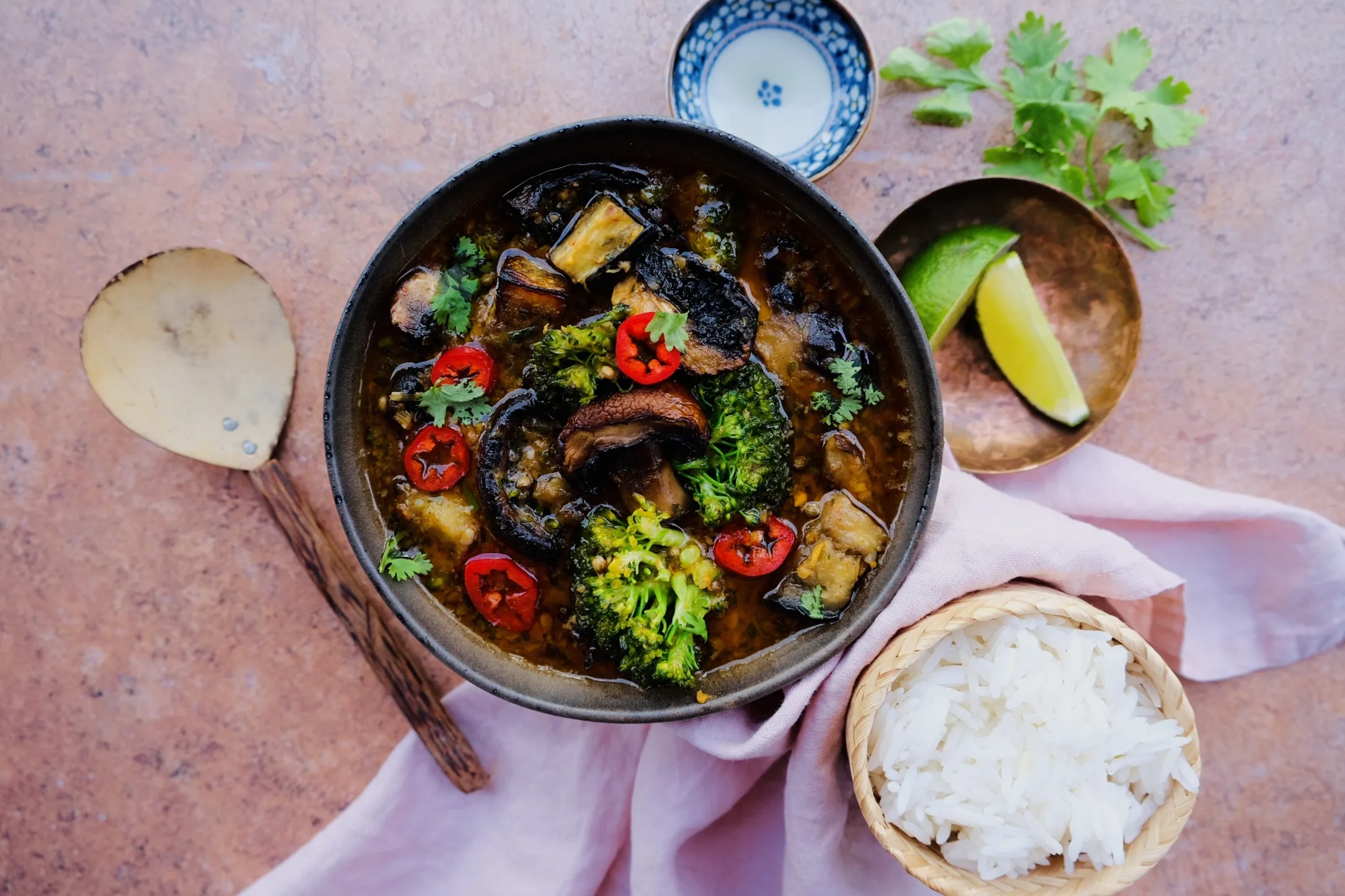 Thai Red Curry with Peanut Butter, Eggplant and Broccoli