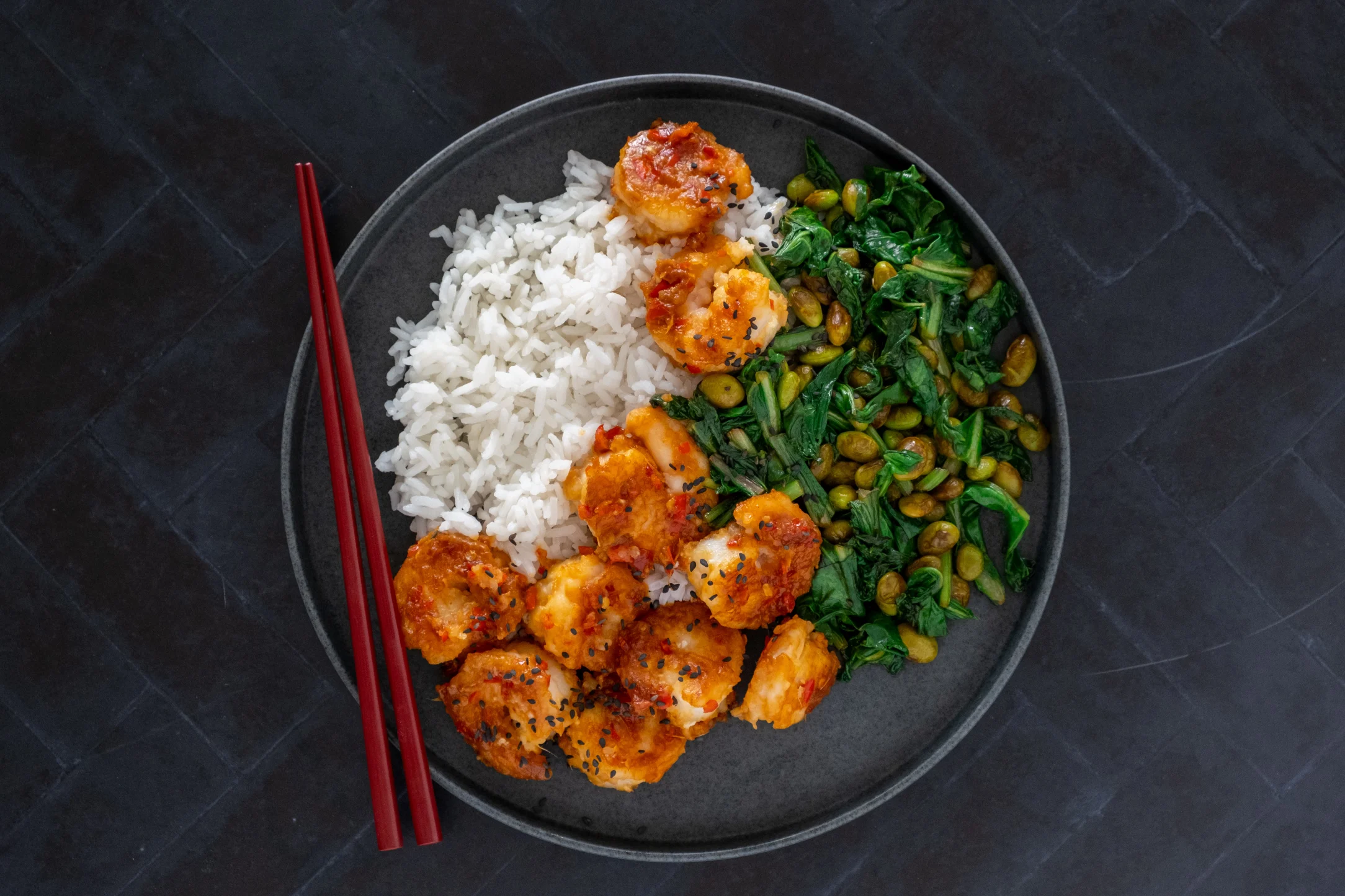 Ginger Chilli Prawns with Jasmine Rice and Sesame Spinach
