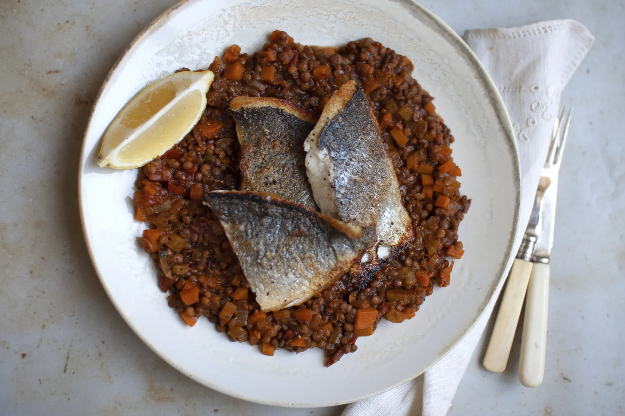 Seared Sea Bass with Savoury Lentils