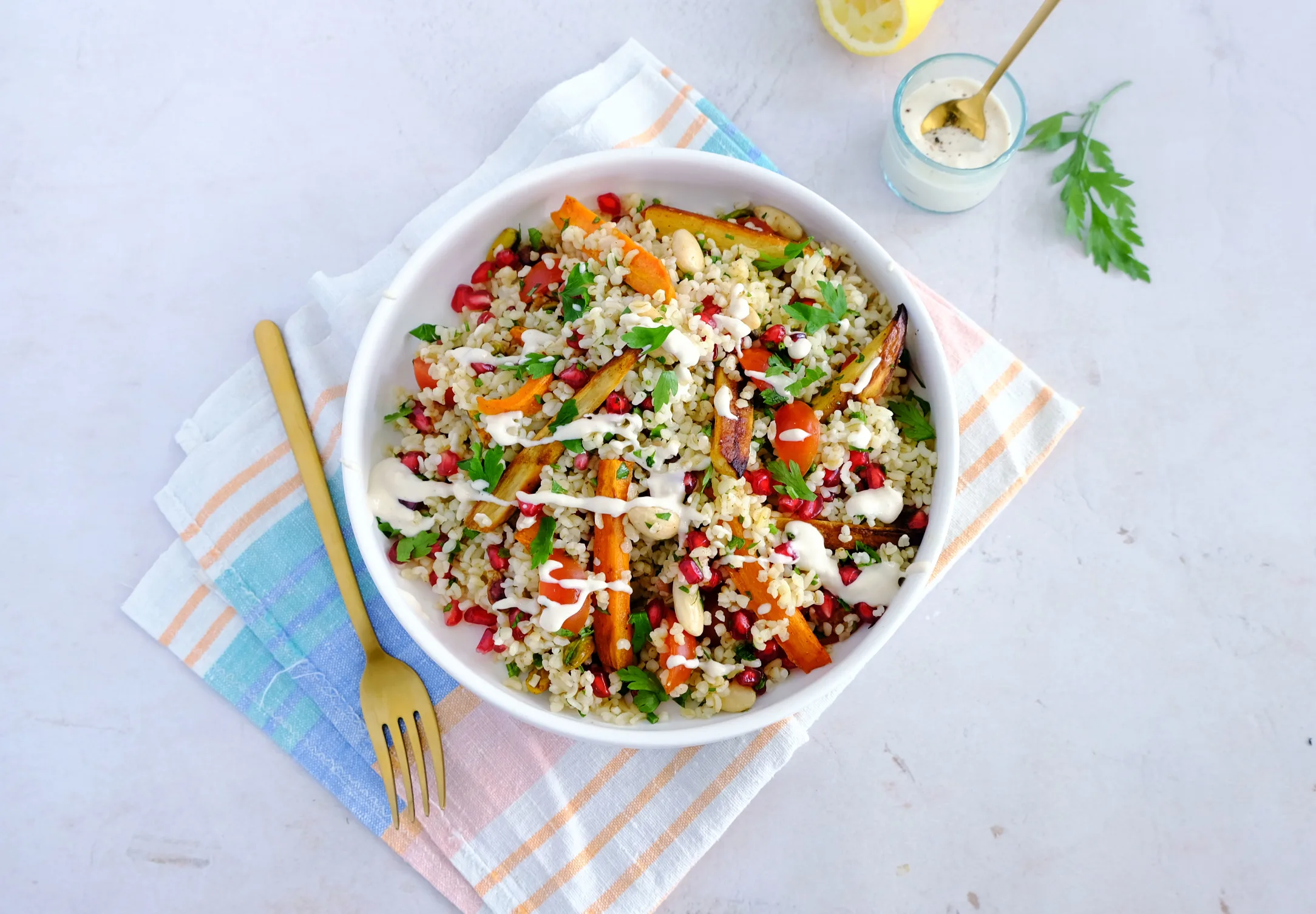 Jewelled Bulgur Salad with Roast Root Veg and Tahini Dressing