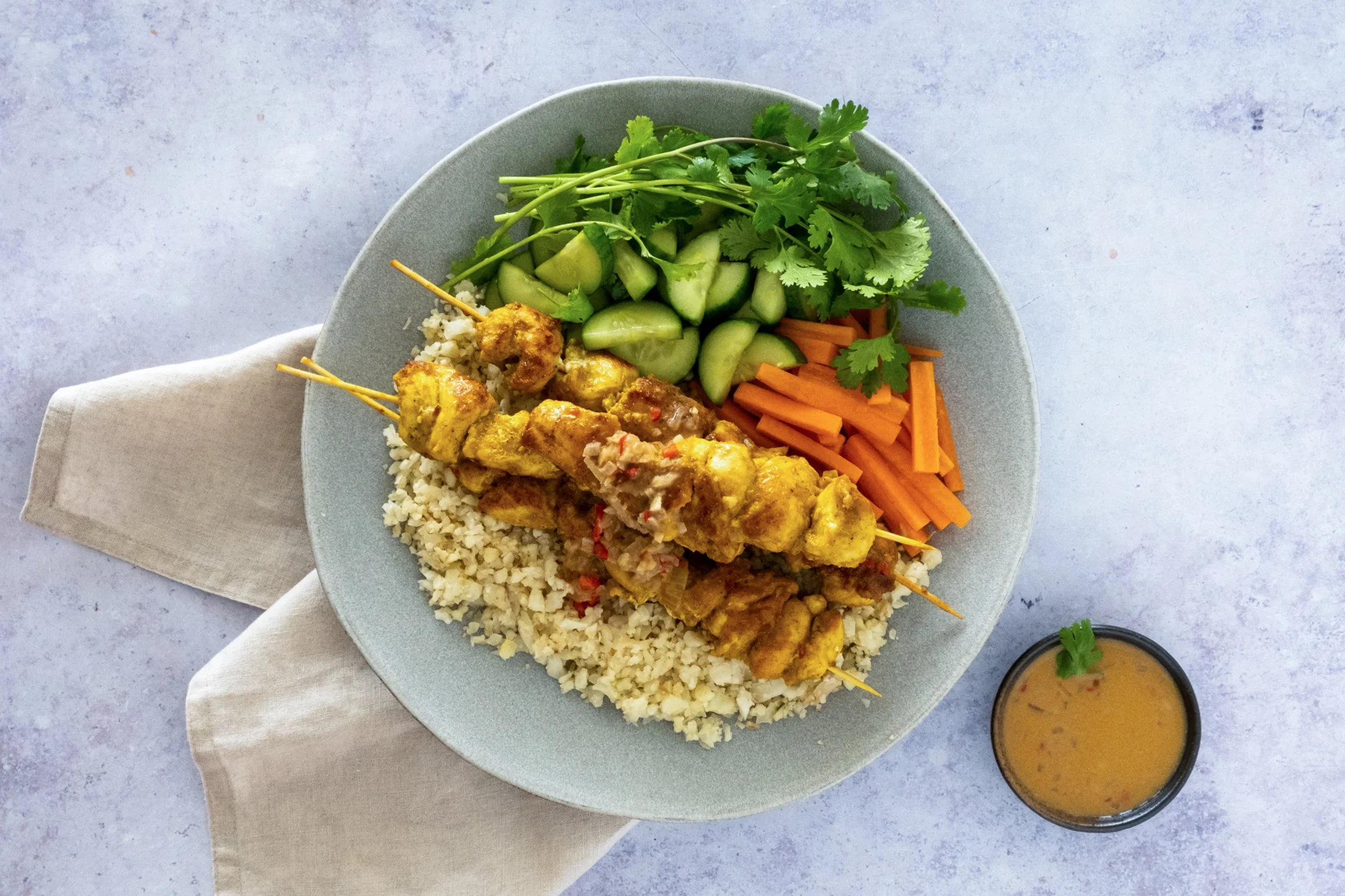 Satay Chicken Skewers with Cauliflower Rice and Pickled Cucumber