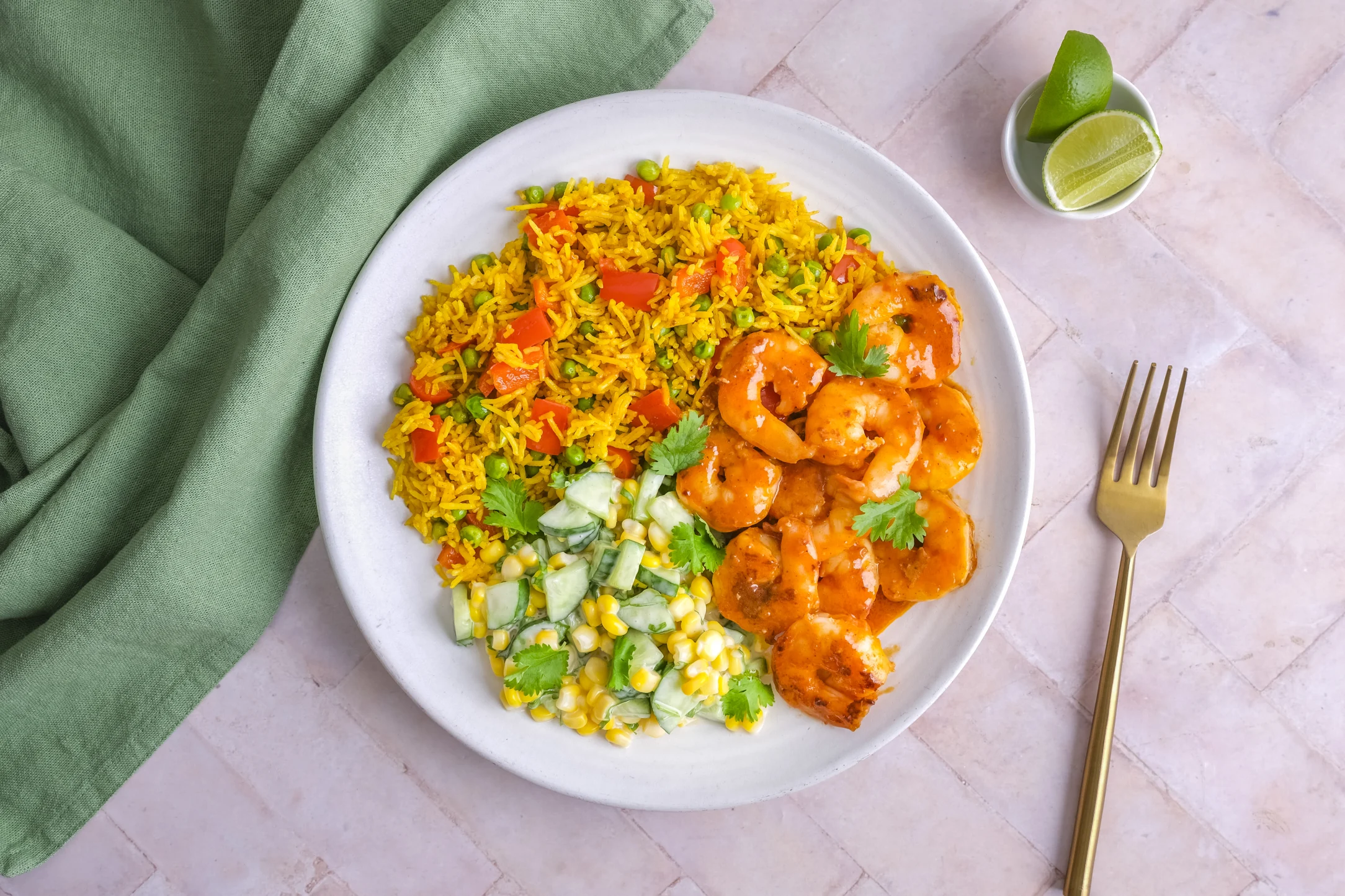 Express: Peri-peri Prawns with Spicy Rice and Creamy Sweet Corn Salad