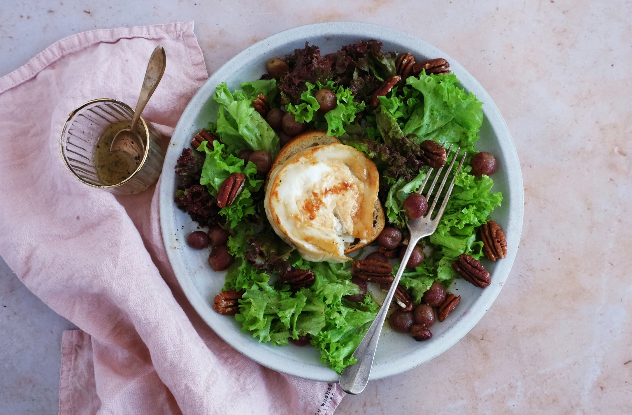Hot Goat Cheese and Grape Salad with Pecan Nuts