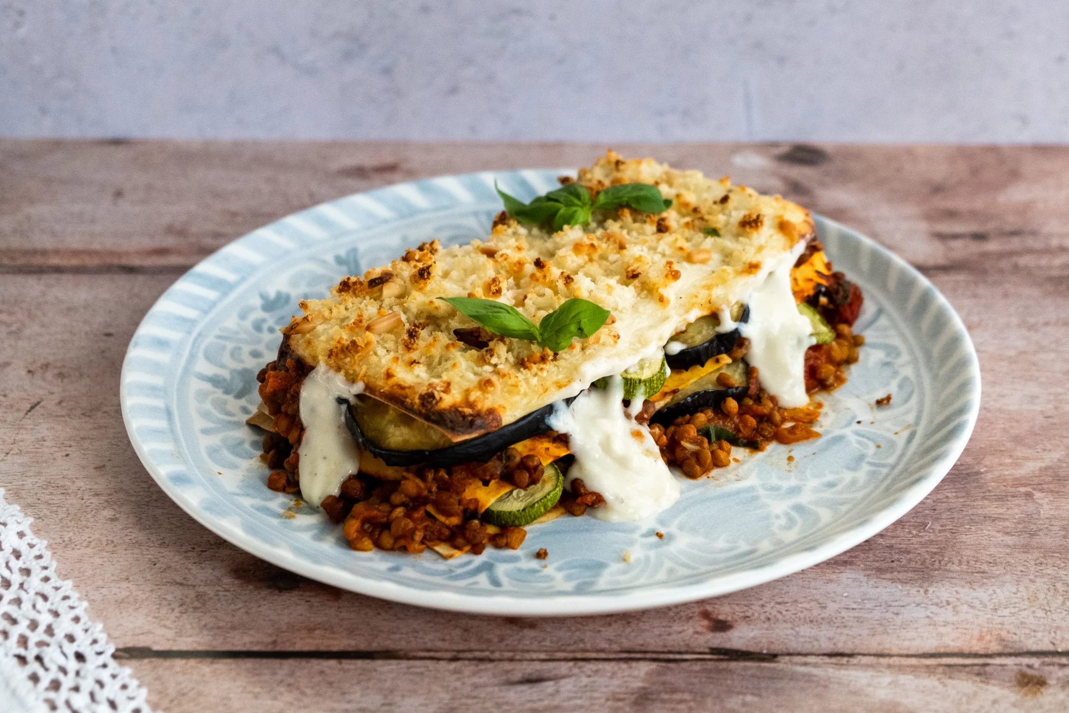 Vegetarian Lasagna with Lentils, Roasted Vegetables and Feta Cheese