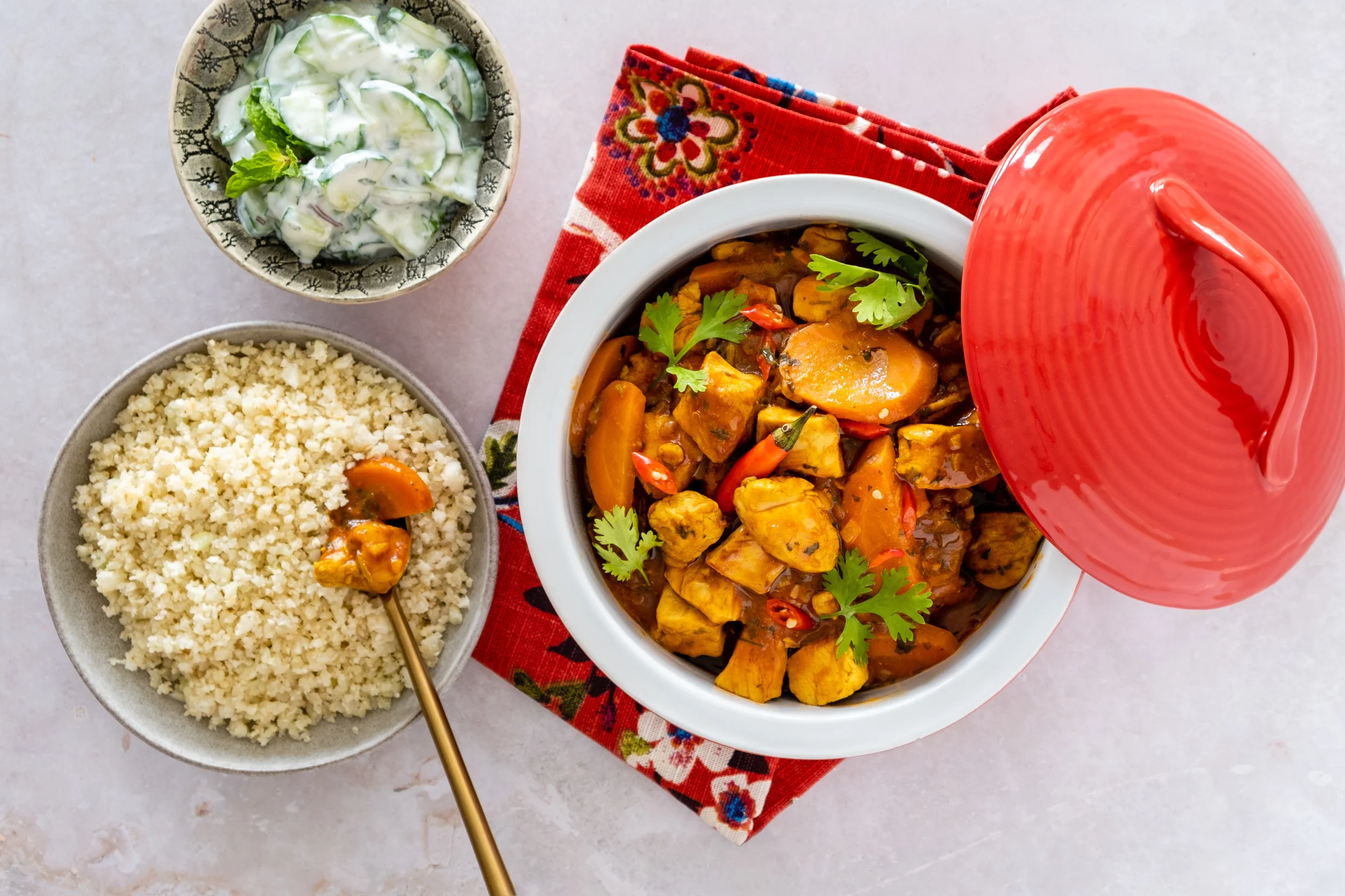 Spicy Tamarind Chicken and Coriander Stew with Cauliflower Rice and Cucumber Mint Yogurt