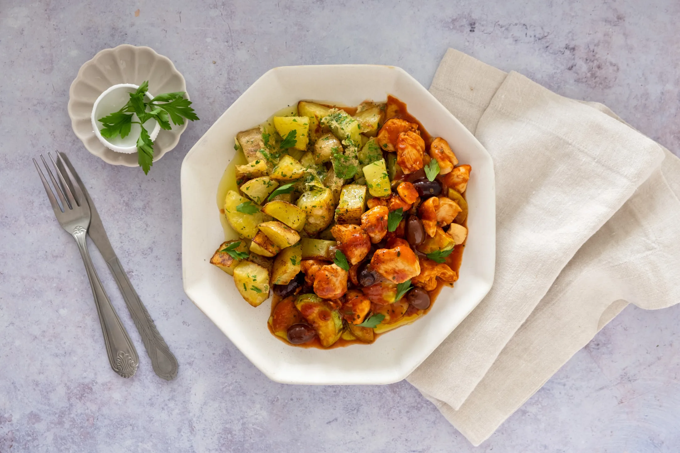 Chicken Puttanesca with Roasted Parmesan Parsley Potatoes