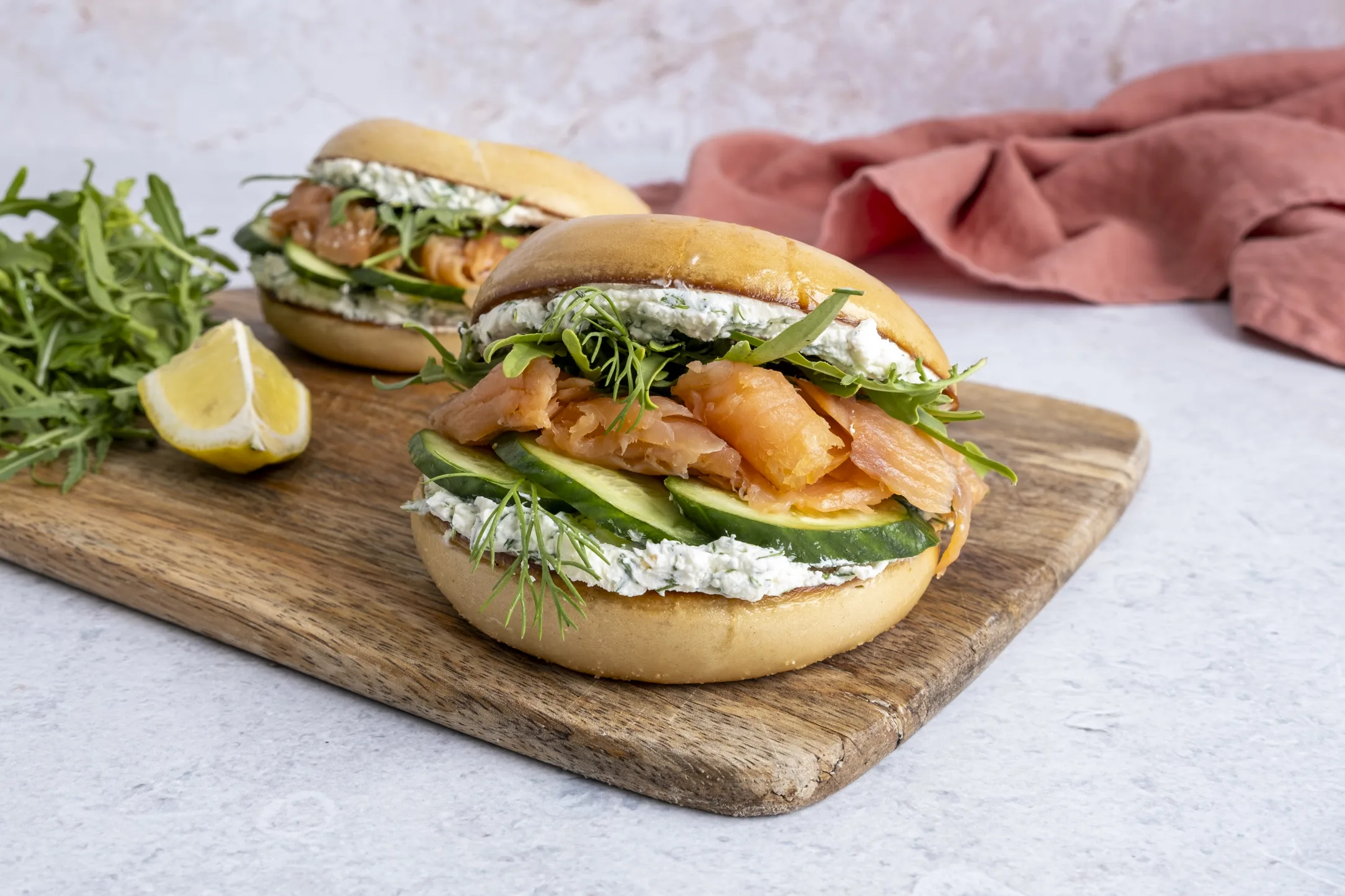 Smoked Salmon Bagels with Dill Cream Cheese and Rocket
