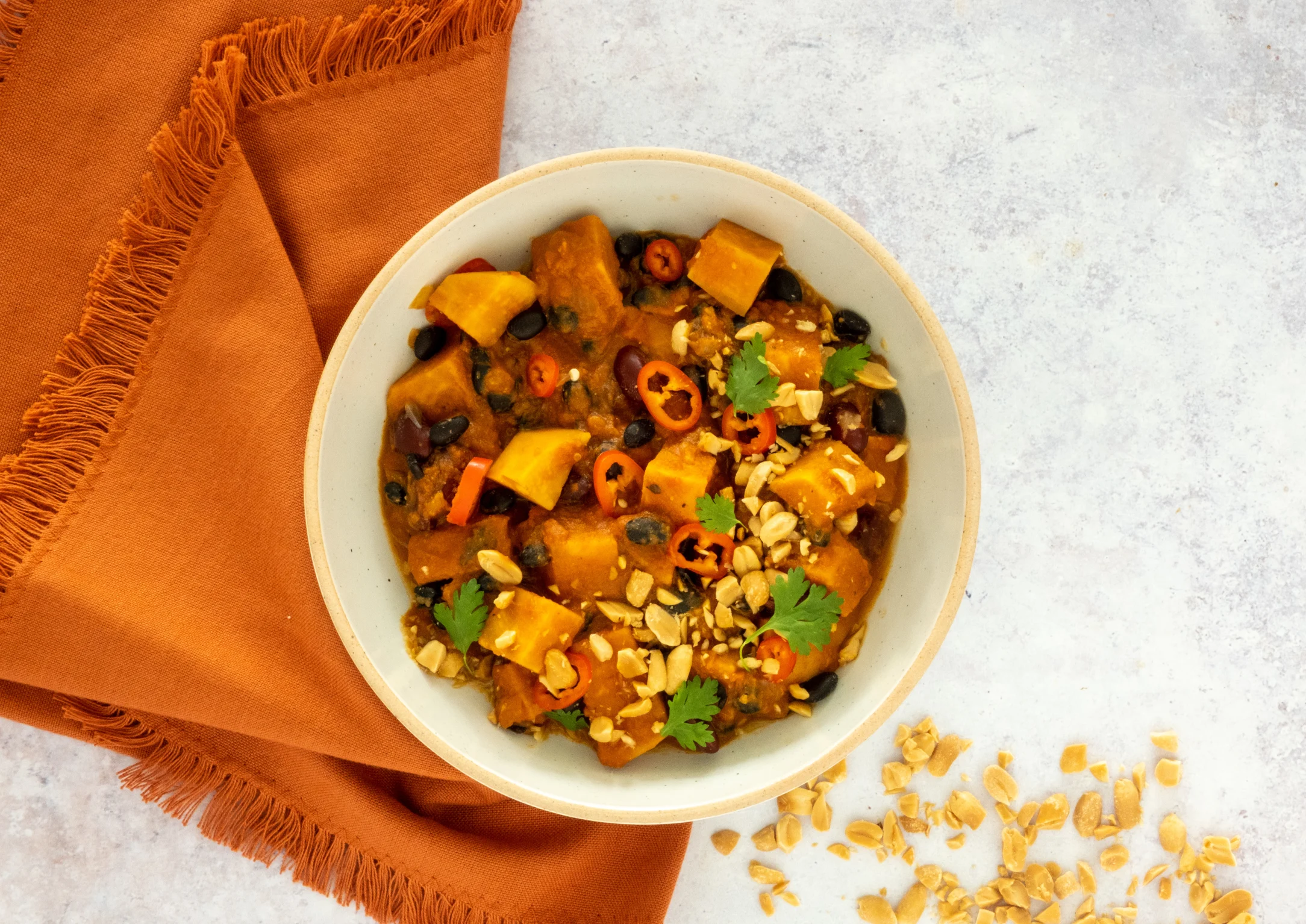 Spicy Smoky Sweet Potato and Mixed Bean Chilli with Peanuts