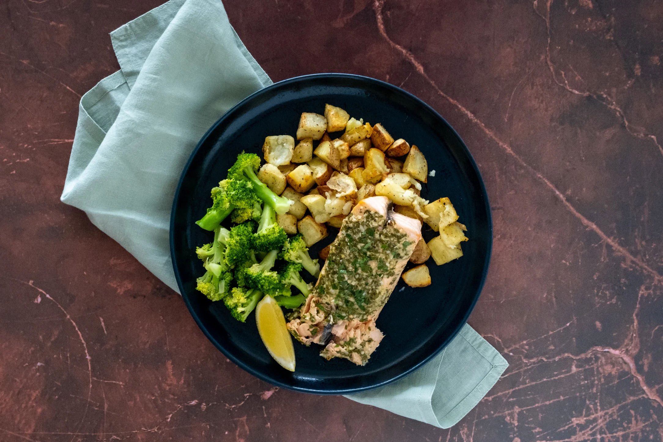 Dijon Baked Salmon with Roasted Potatoes and Buttered Broccoli