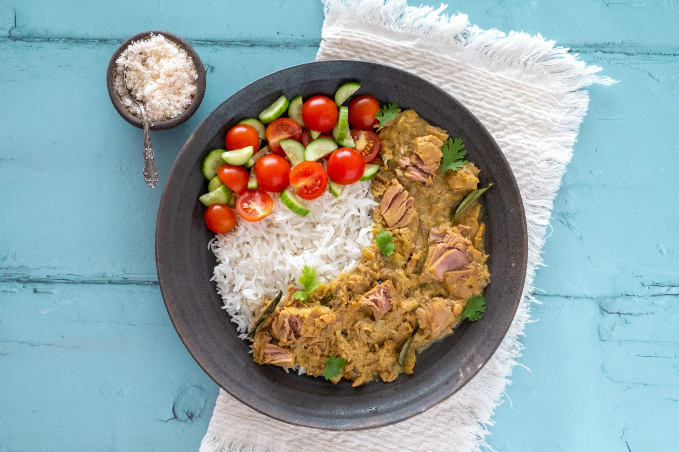 Maldivian Tuna Curry over Basmati Rice with Tomato and Coconut Sambal