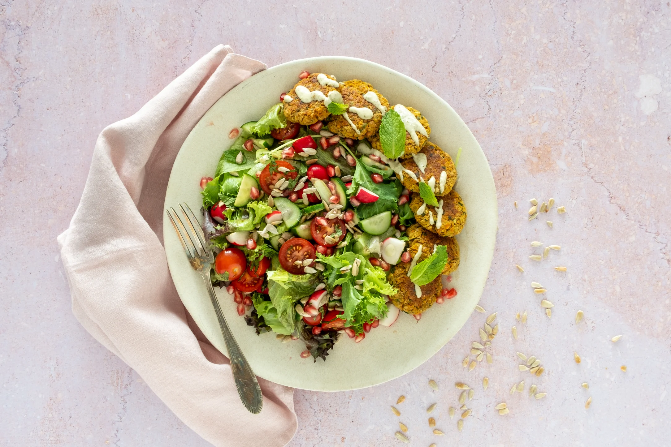 Middle-Eastern Falafal with Nutty Salad and Zaatar Tahini Dressing