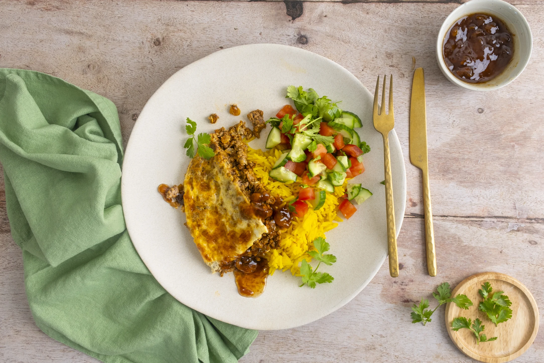 Bobotie with Yellow Rice and a Chopped Salad