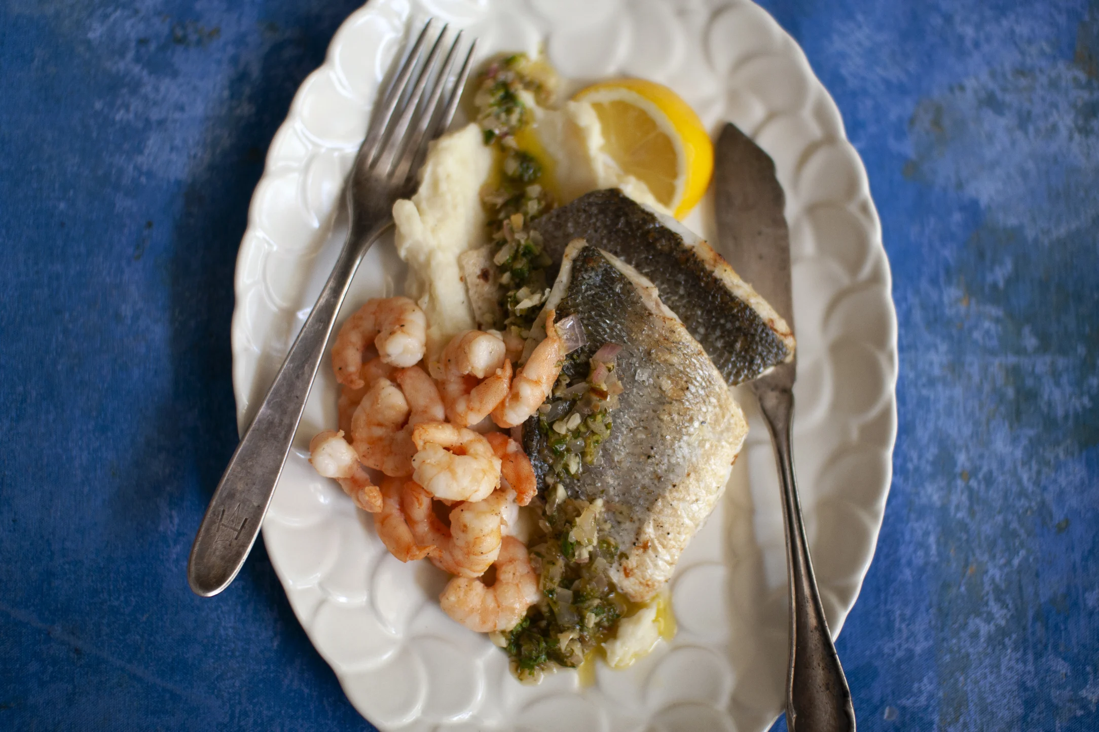 Prawns and Seabass with Lemony Garlic Oil and Parsnip Puree