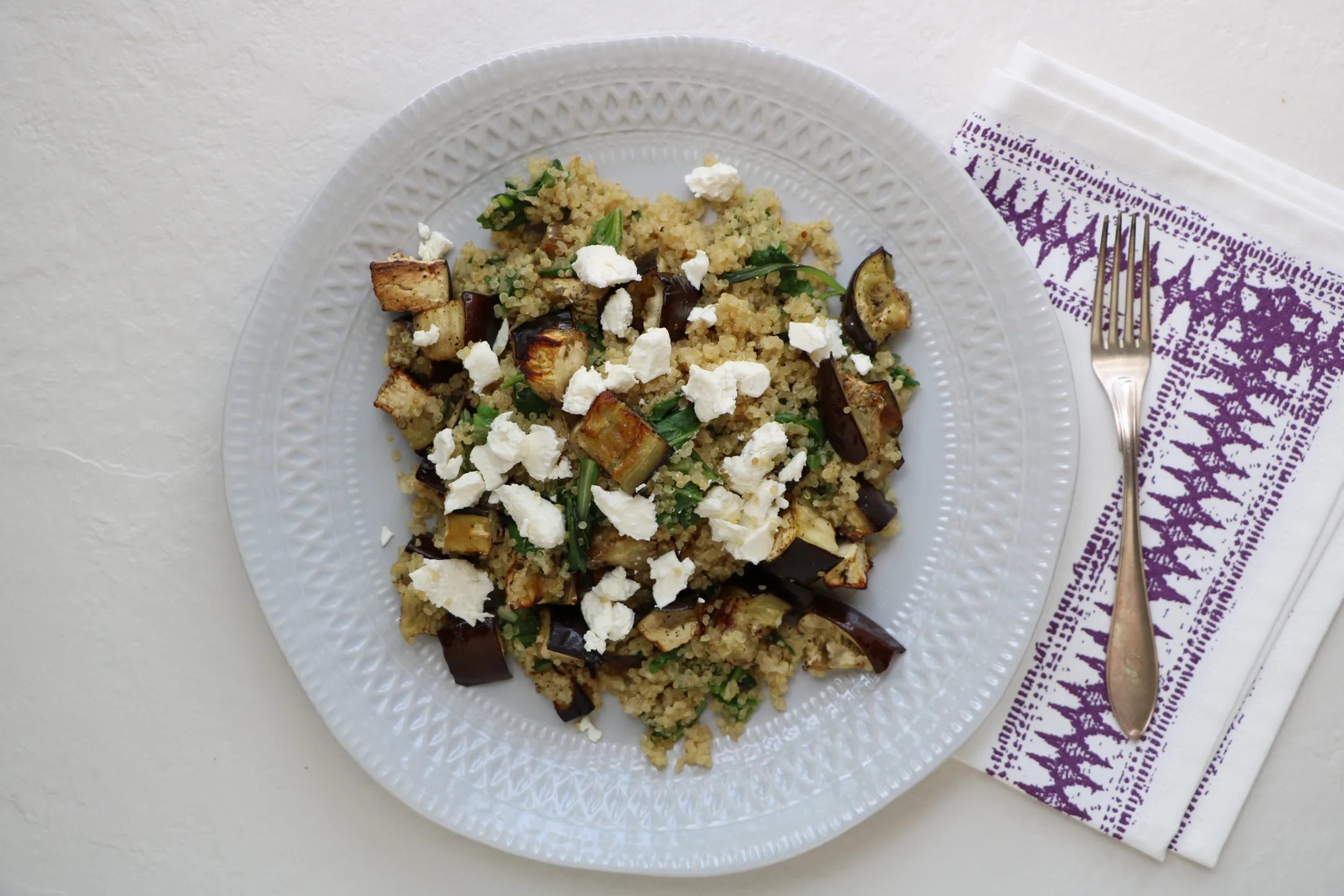 Roasted Eggplant with Quinoa, Spinach and Feta