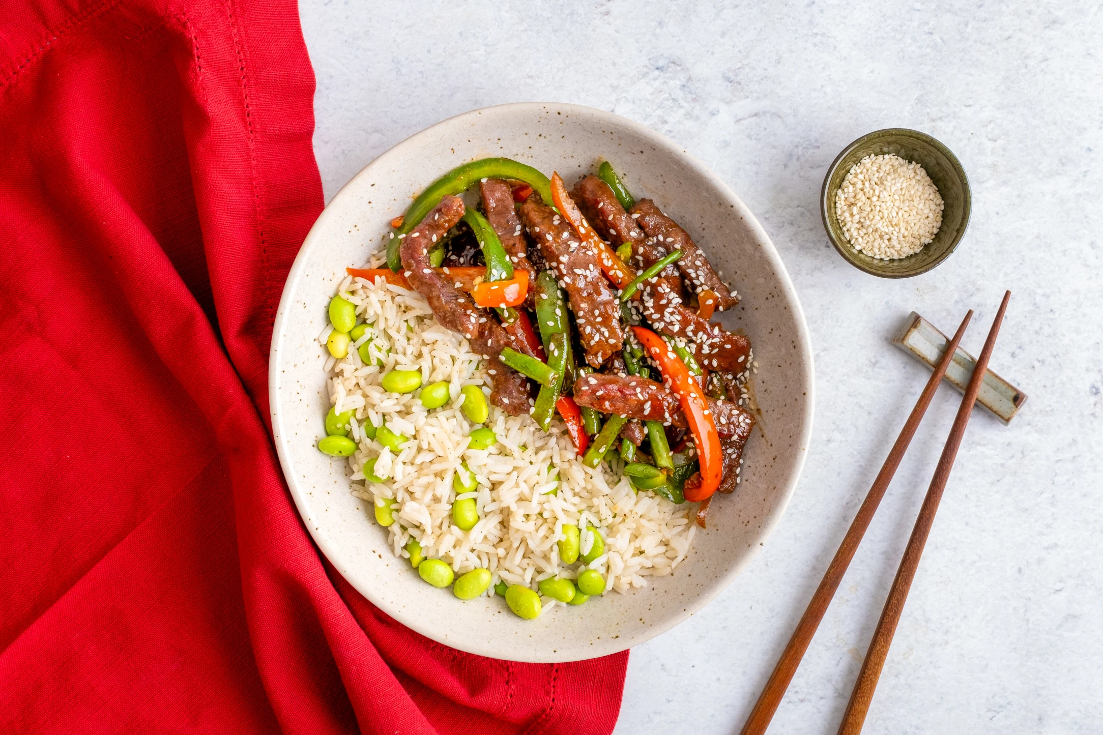 Express: Black Pepper Beef and Edamame Rice with Pre-prepped Ingredients
