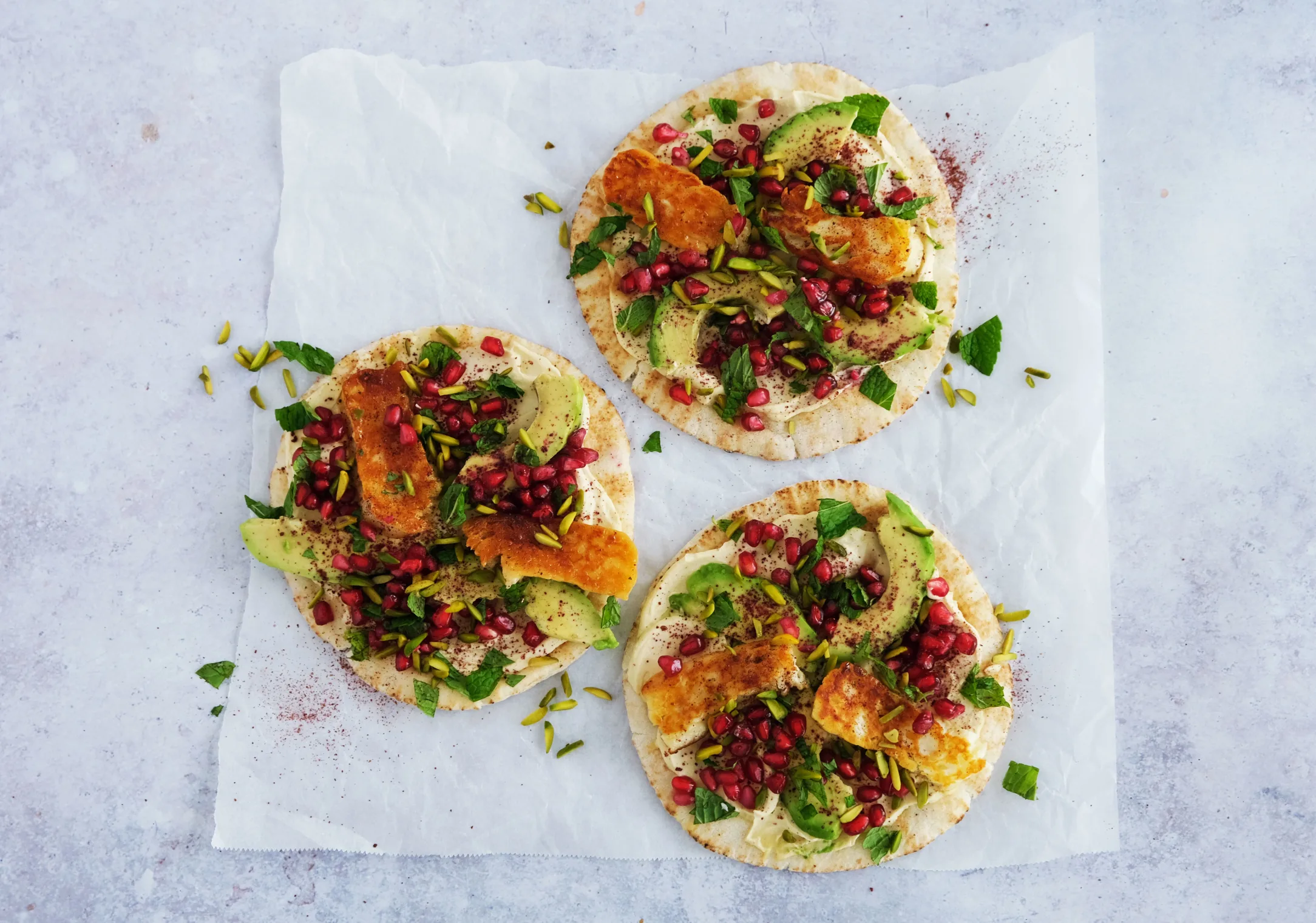 Honey Fried Halloumi Flatbreads with Hummus, Avocado and Pomegranate