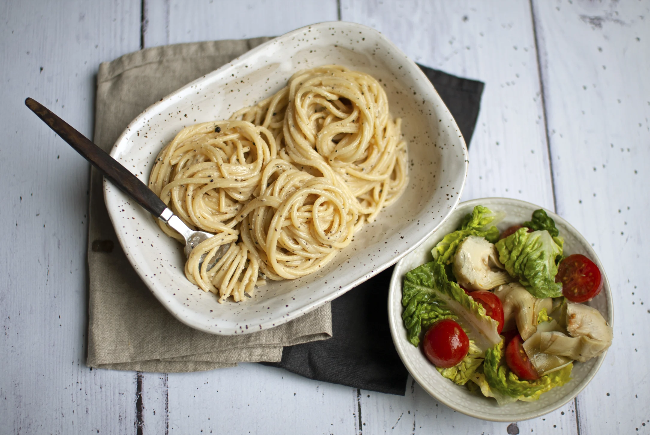 Vegan Cacio e Pepe Spaghetti with Italian Artichoke Salad