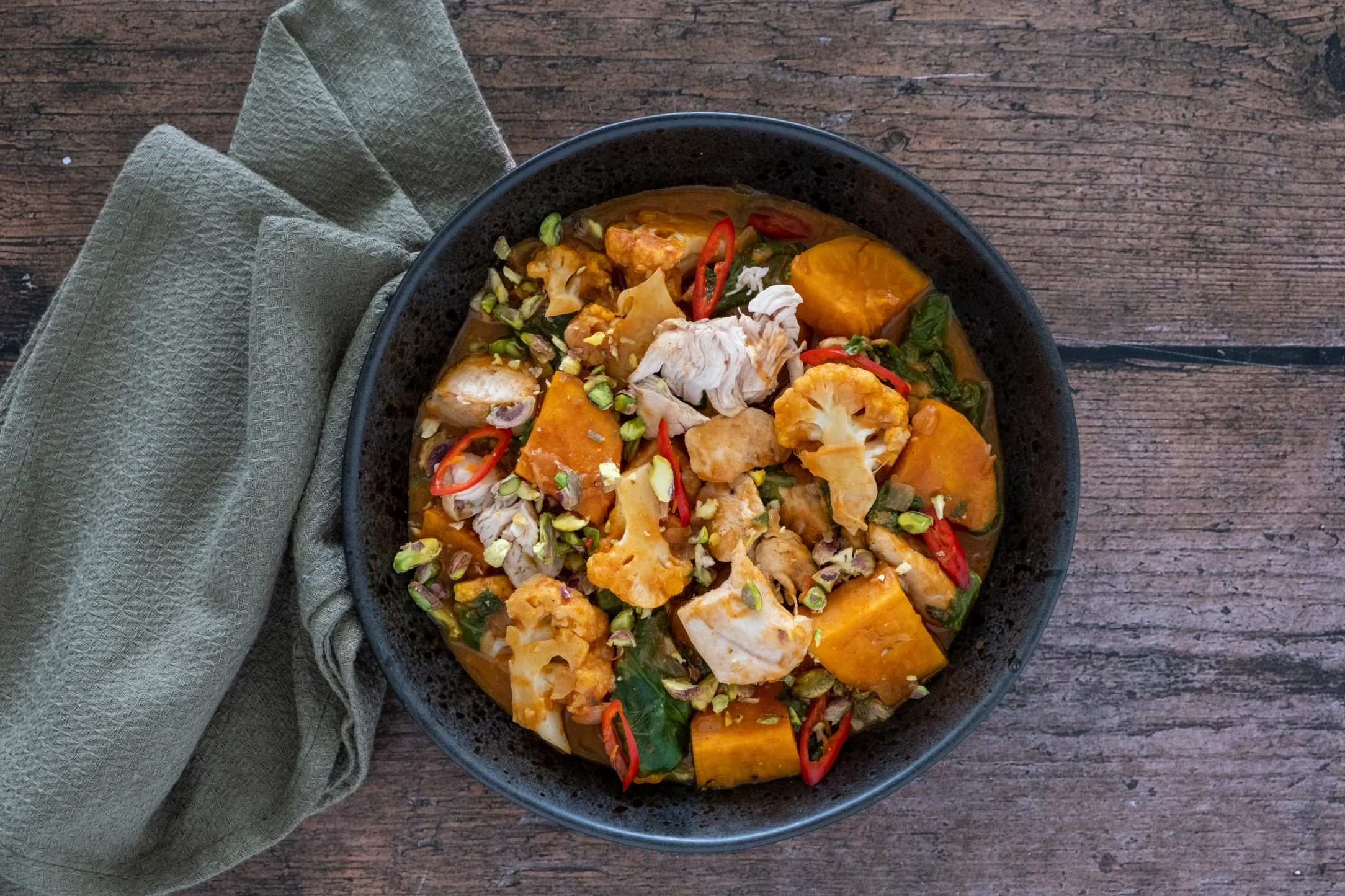 Sweet Potato and Chicken Curry with Coconut Milk and Cauliflower