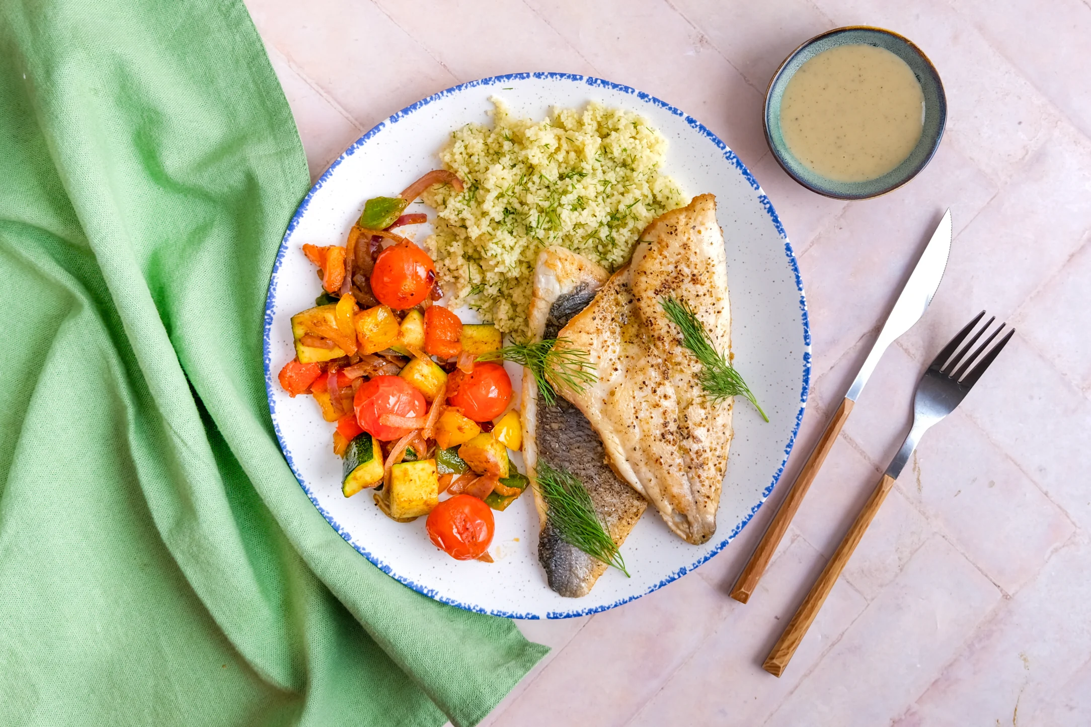 Seabream with Mediterranean Veg , Dill Couscous & Herb Dressing