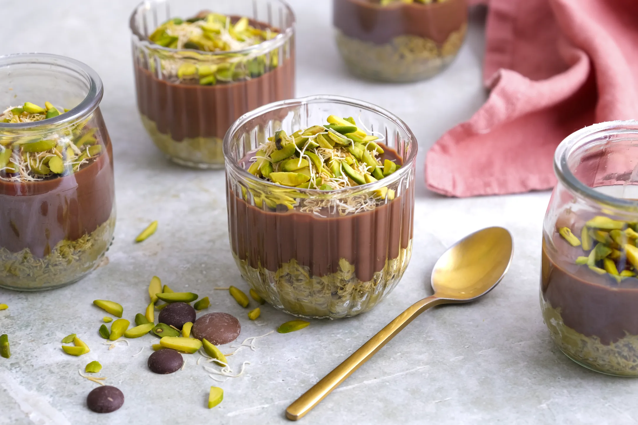 Pistachio Konafah and Chocolate Ganache Dessert Pots