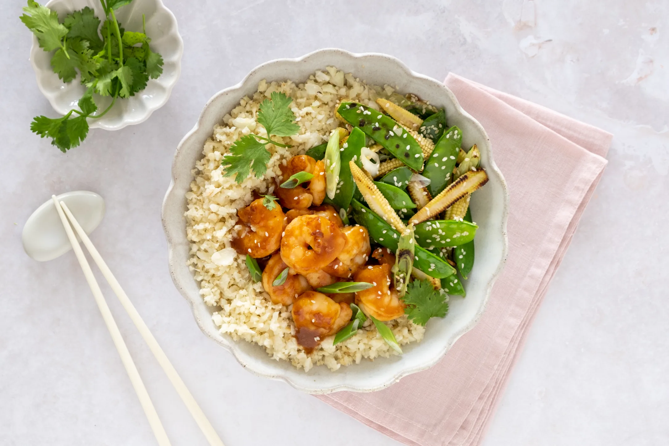 Sticky Hoisin Prawns with Baby Corn, Snow Peas, and Cauliflower Rice