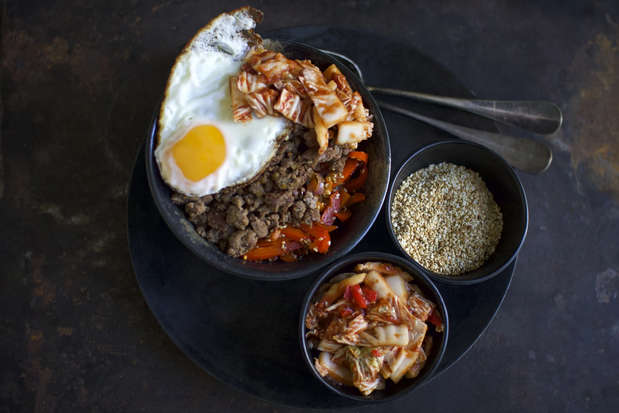 Korean Bulgogi Mince Beef Bowl with Fried Egg, Kimchi and Veggies