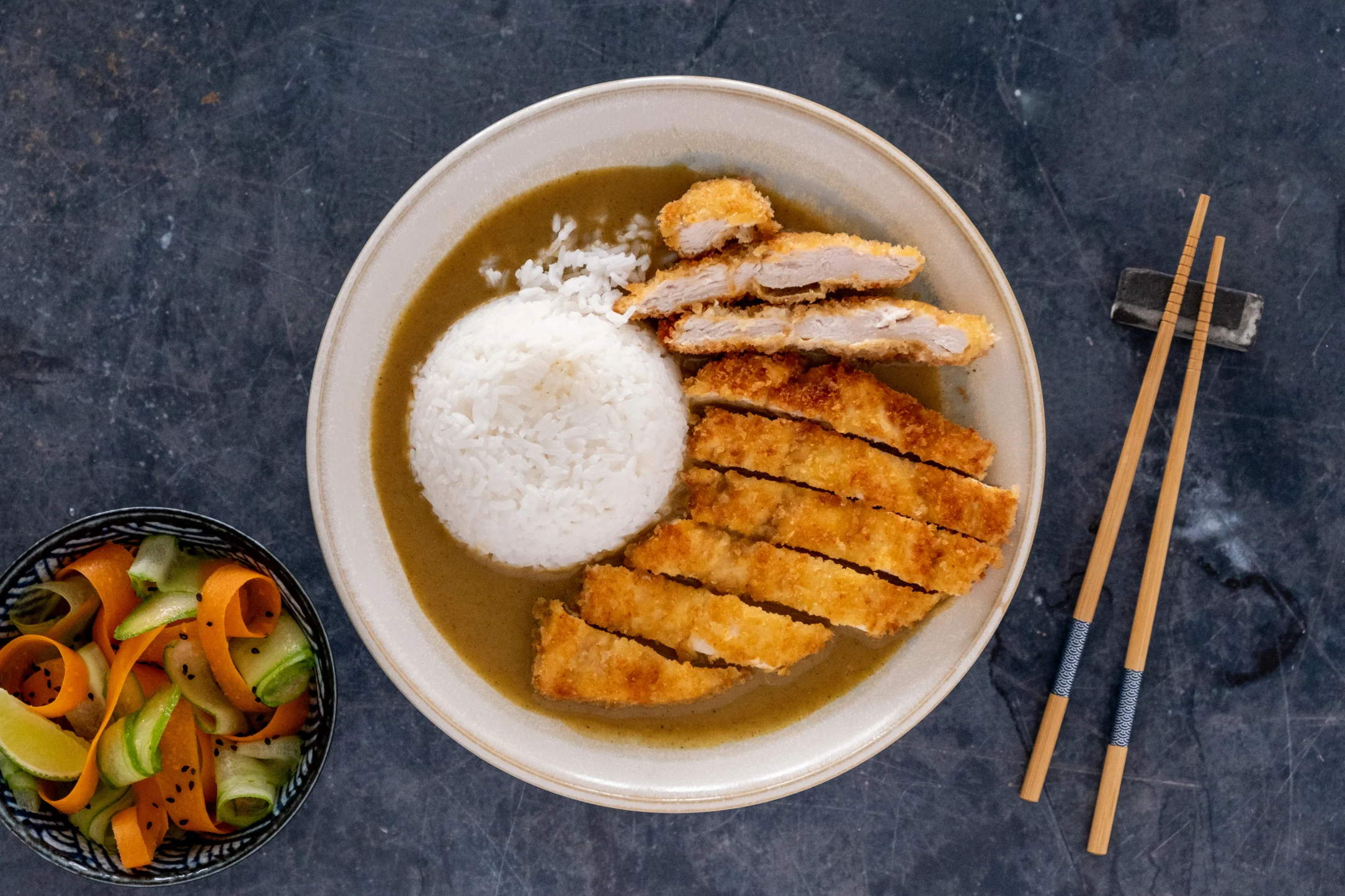 Chicken Katsu Curry with Jasmine Rice and Carrot Cucumber Salad