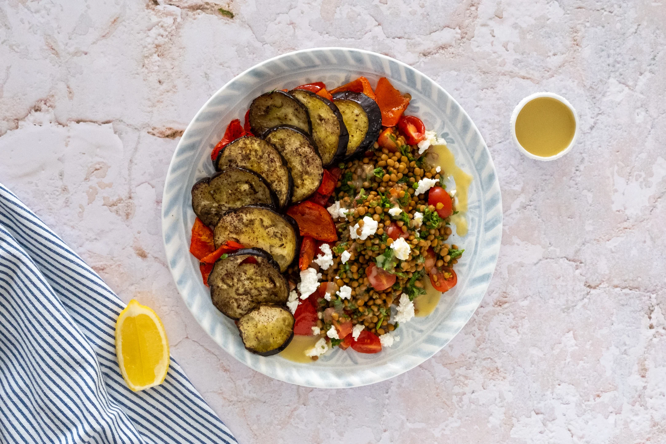 Roasted Sumac Eggplant and Lentil Salad with Tahini Dressing and Feta
