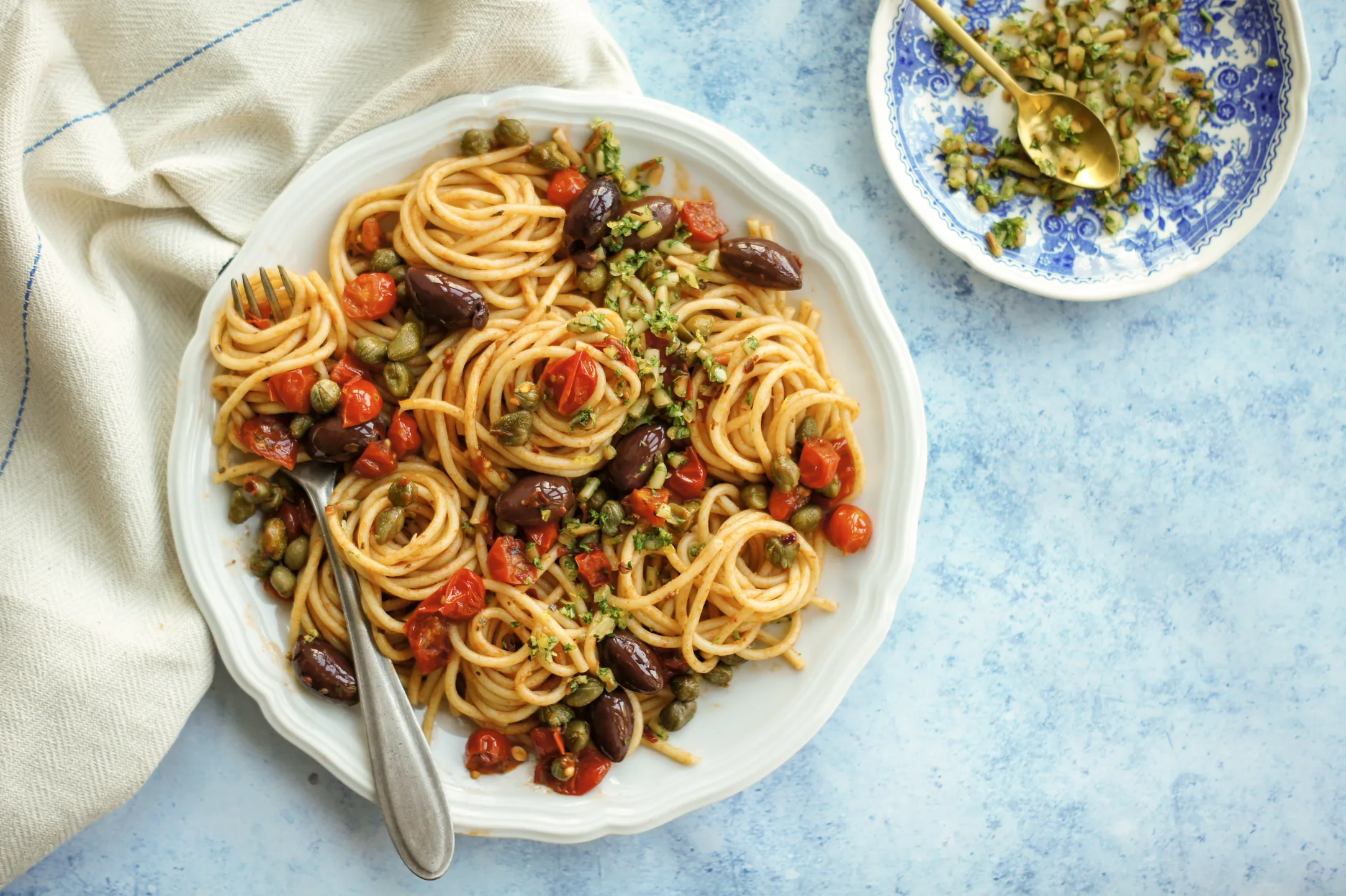 Vegan Spaghetti Puttanesca with Pine Nut Gremolata