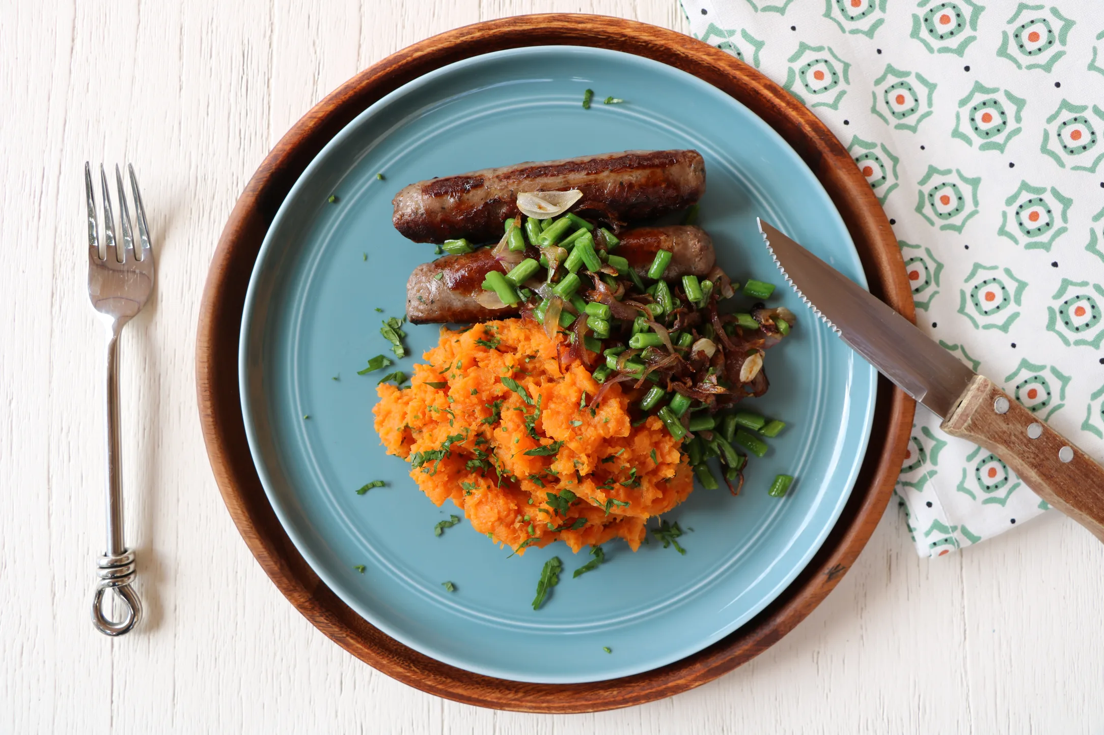 Lamb Sausages with Sweet Potato Mash and Green Beans