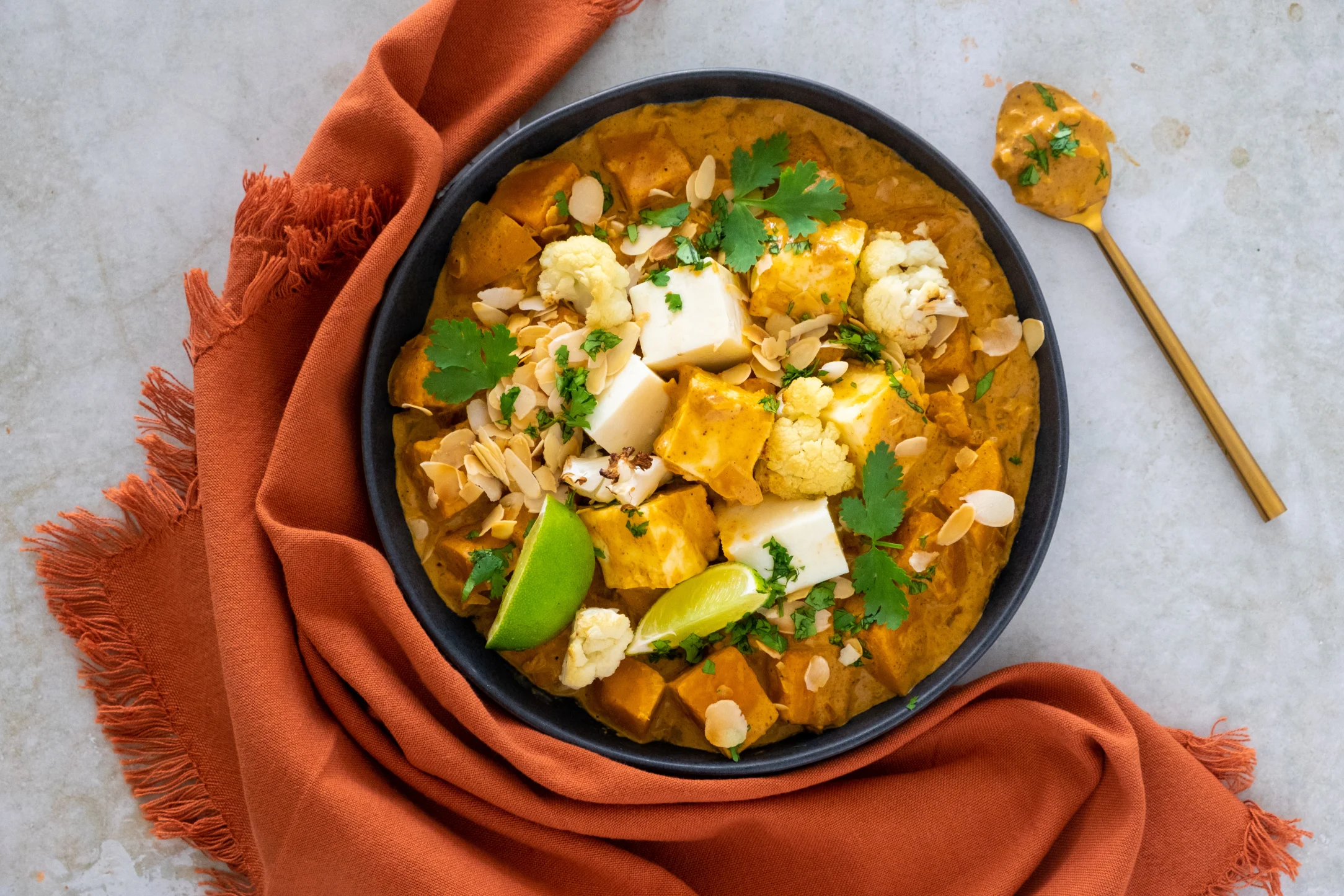 Paneer Cheese and Sweet Potato Curry with Roasted Cauliflower