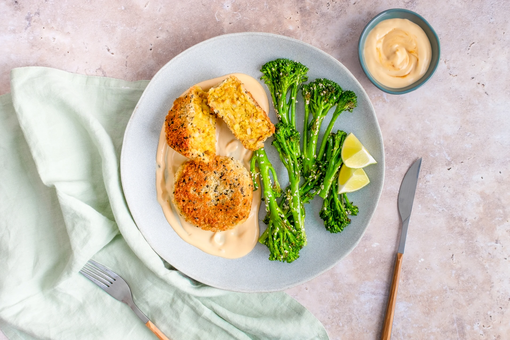 Katsu-style Fishcakes with Sesame Broccoli and Teriyaki Mayo