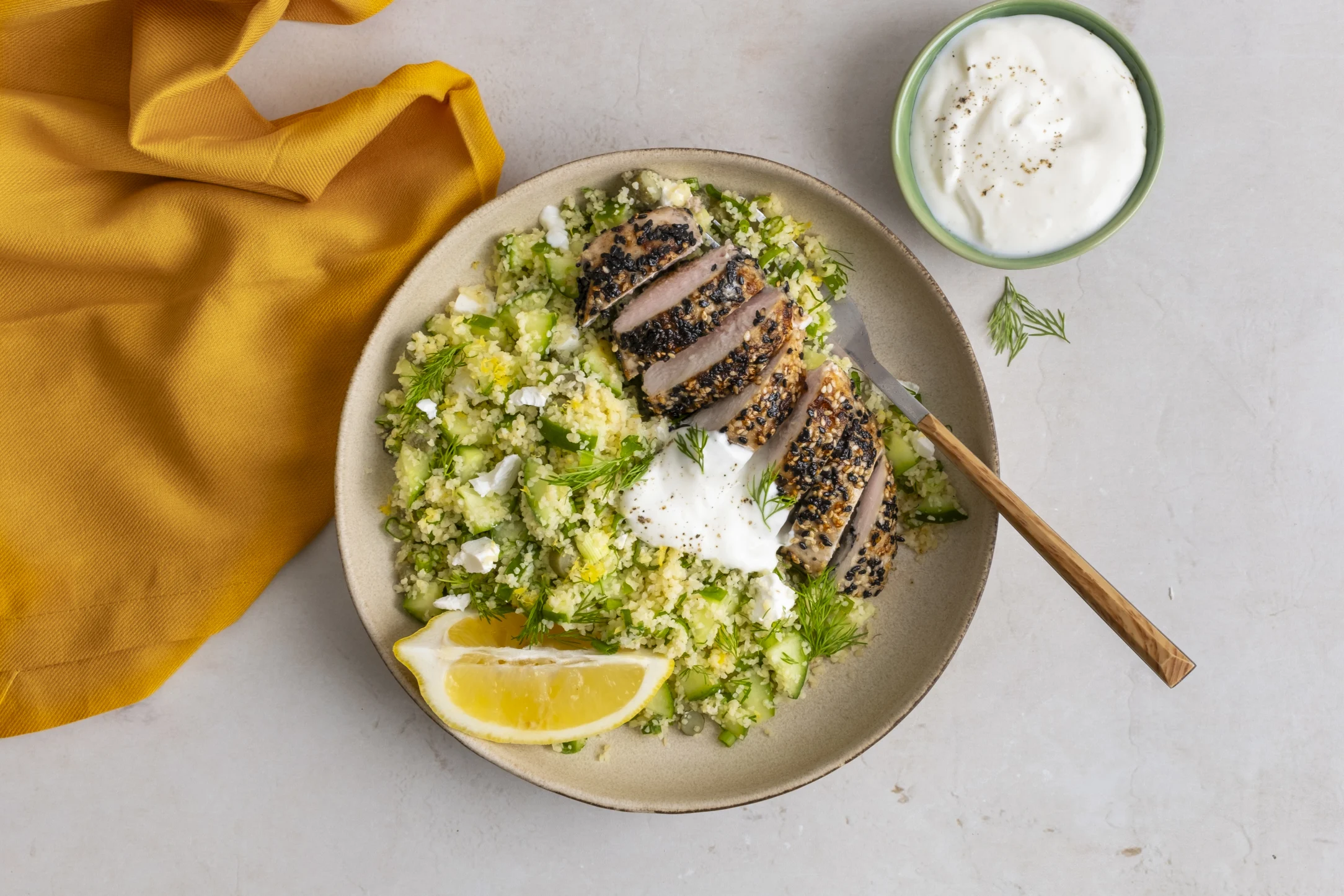 Sesame Crusted Chicken with Fine Bulgur Wheat, Cucumber and Feta Salad and Garlic Yogurt