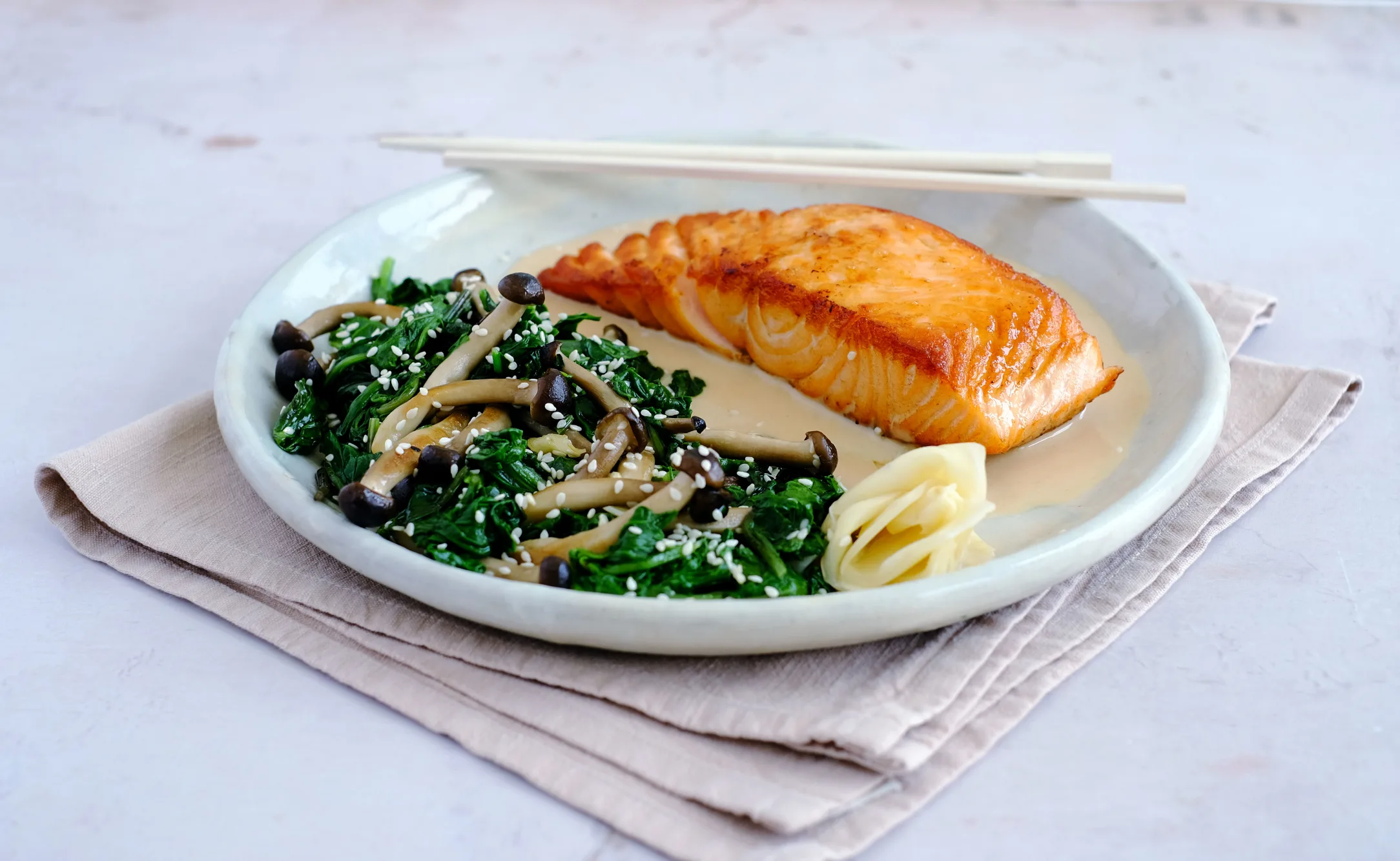 Salmon in Sesame Sauce with Warm Japanese Mushroom and Spinach Salad