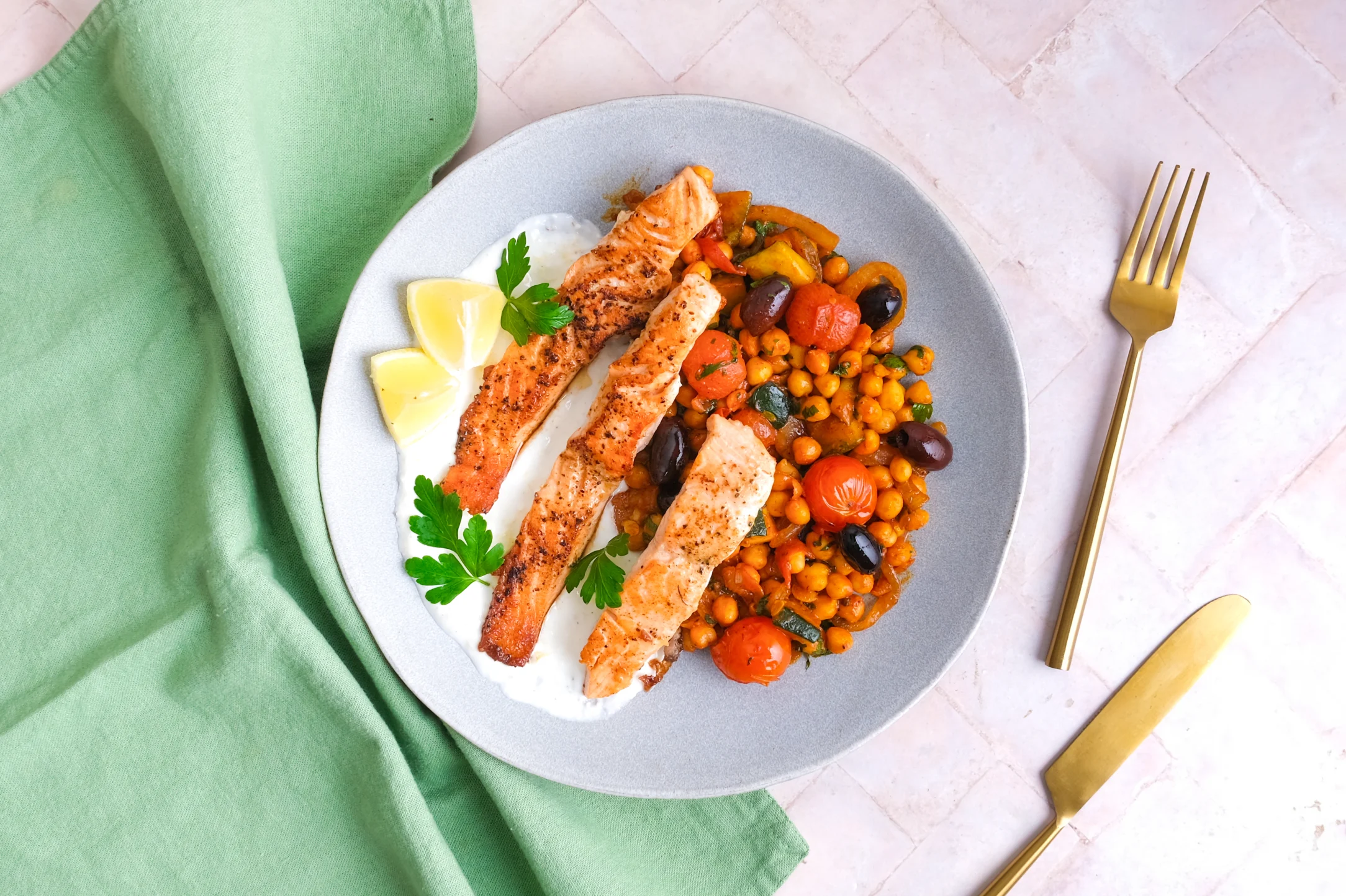 Express: Lemony Salmon and Harissa Chickpeas with Lemony Yogurt