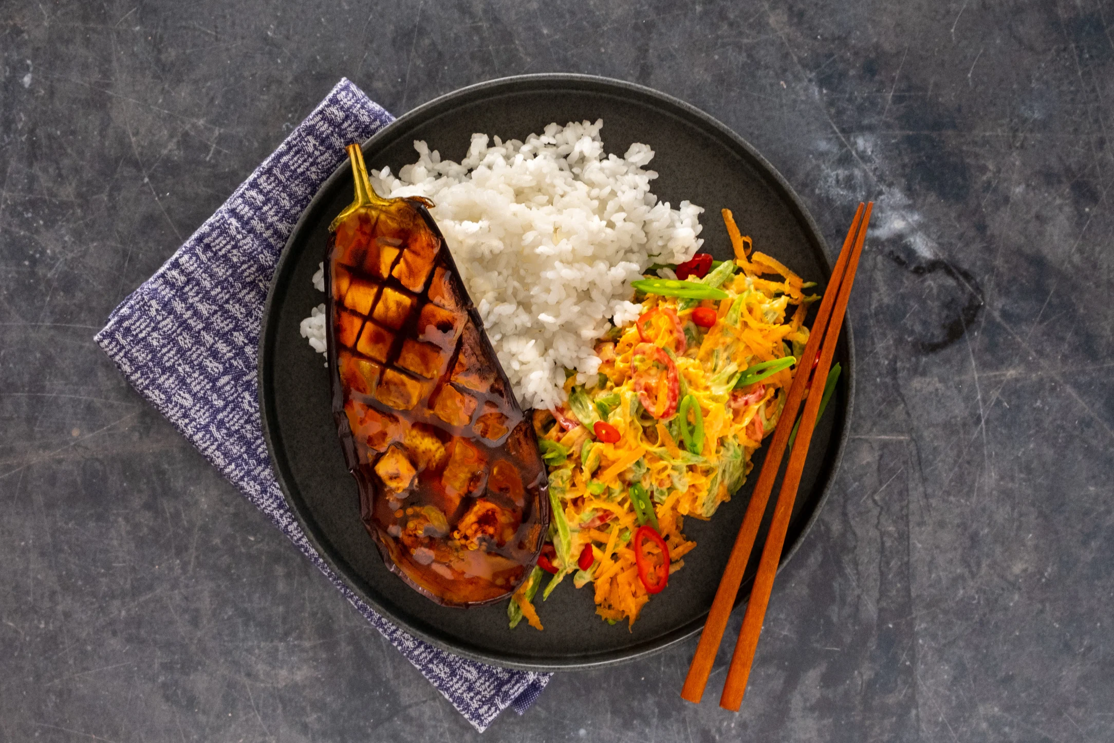 Soy Glazed Eggplant with Asian Slaw and Sushi Rice