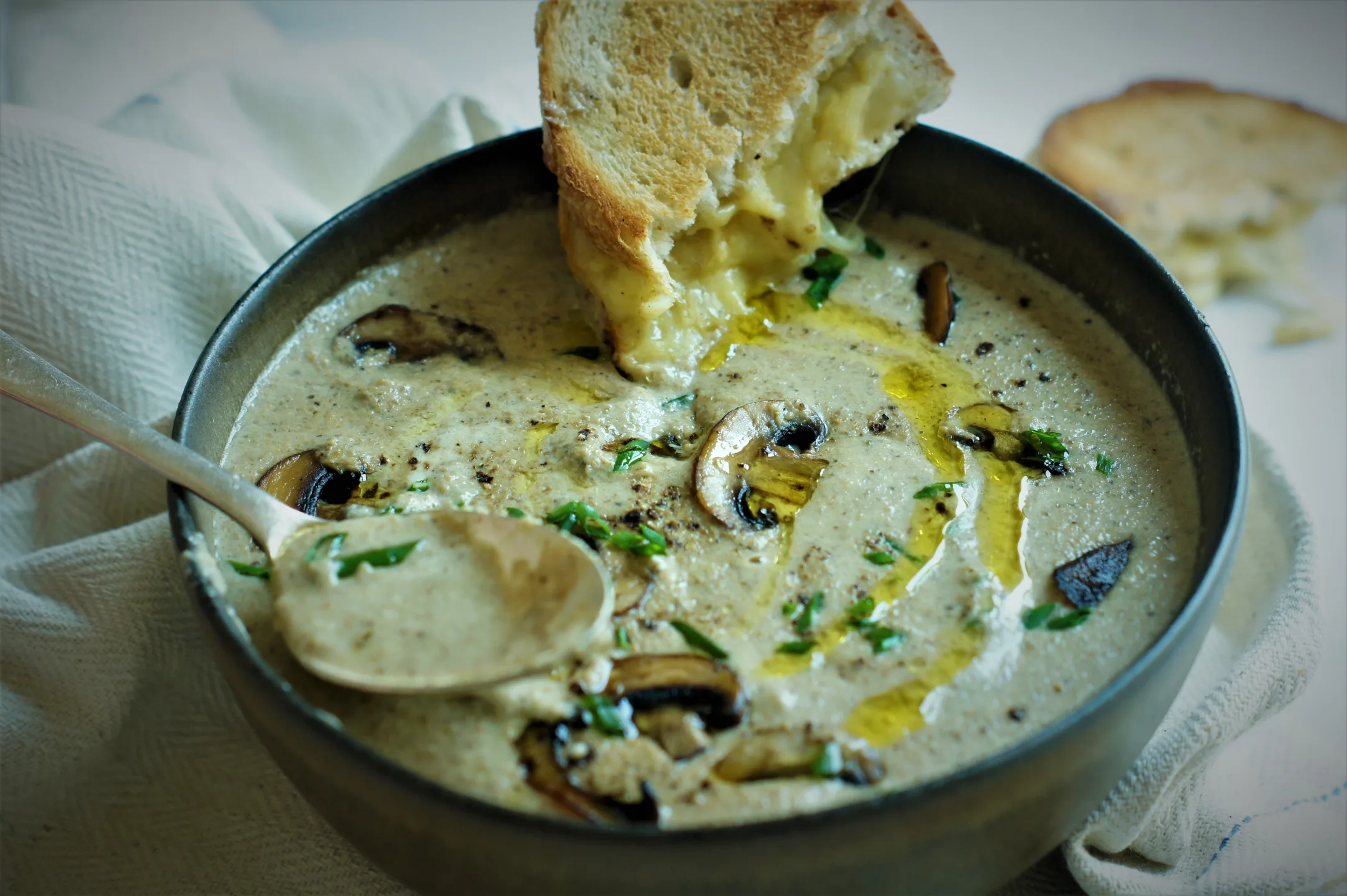 Cream of Mushroom Soup with Cheesy Garlic Slice