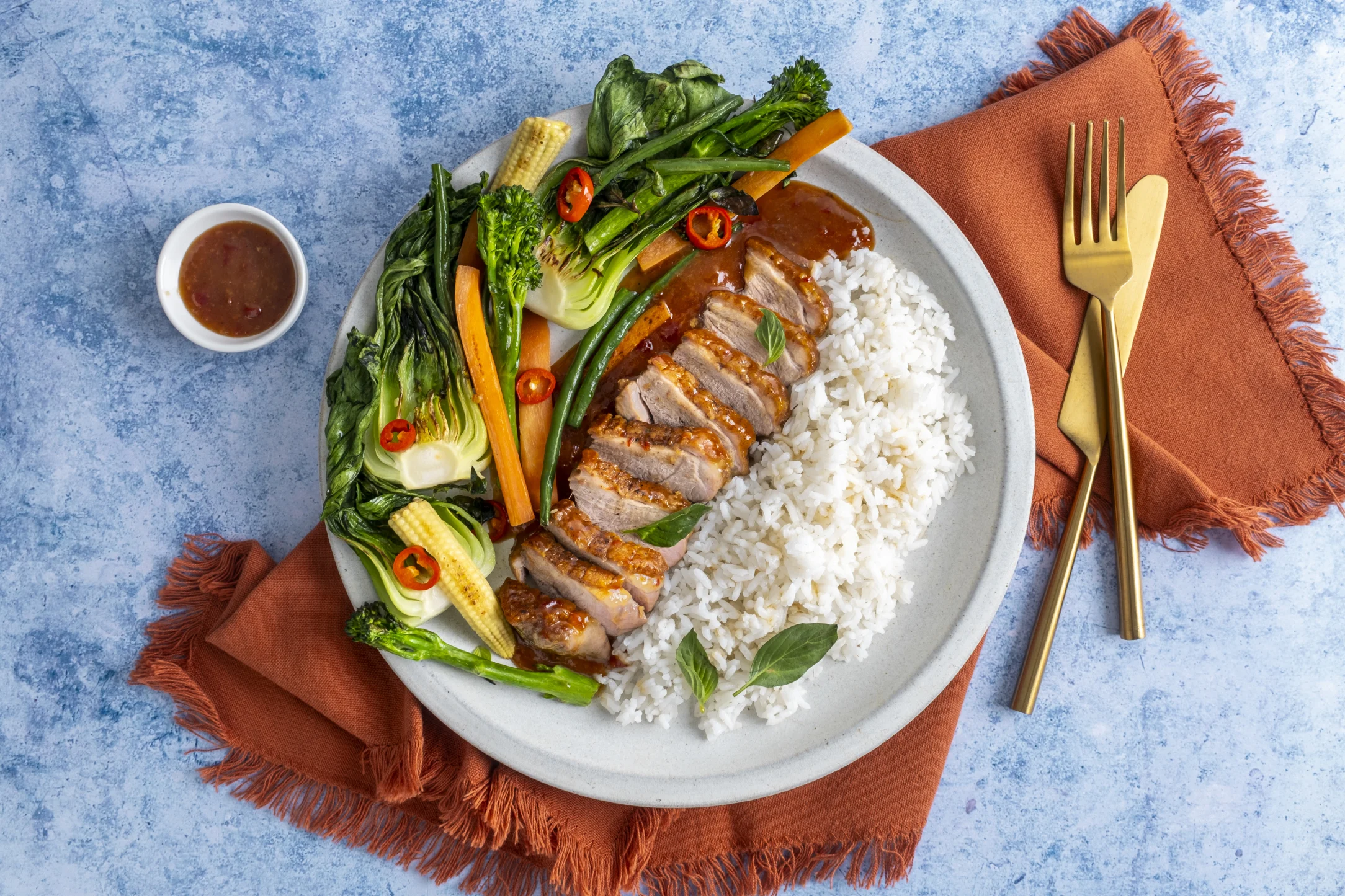Thai Duck Breast in Sweet Chilli Glaze with Mixed Vegetables and Lemongrass Jasmine Rice