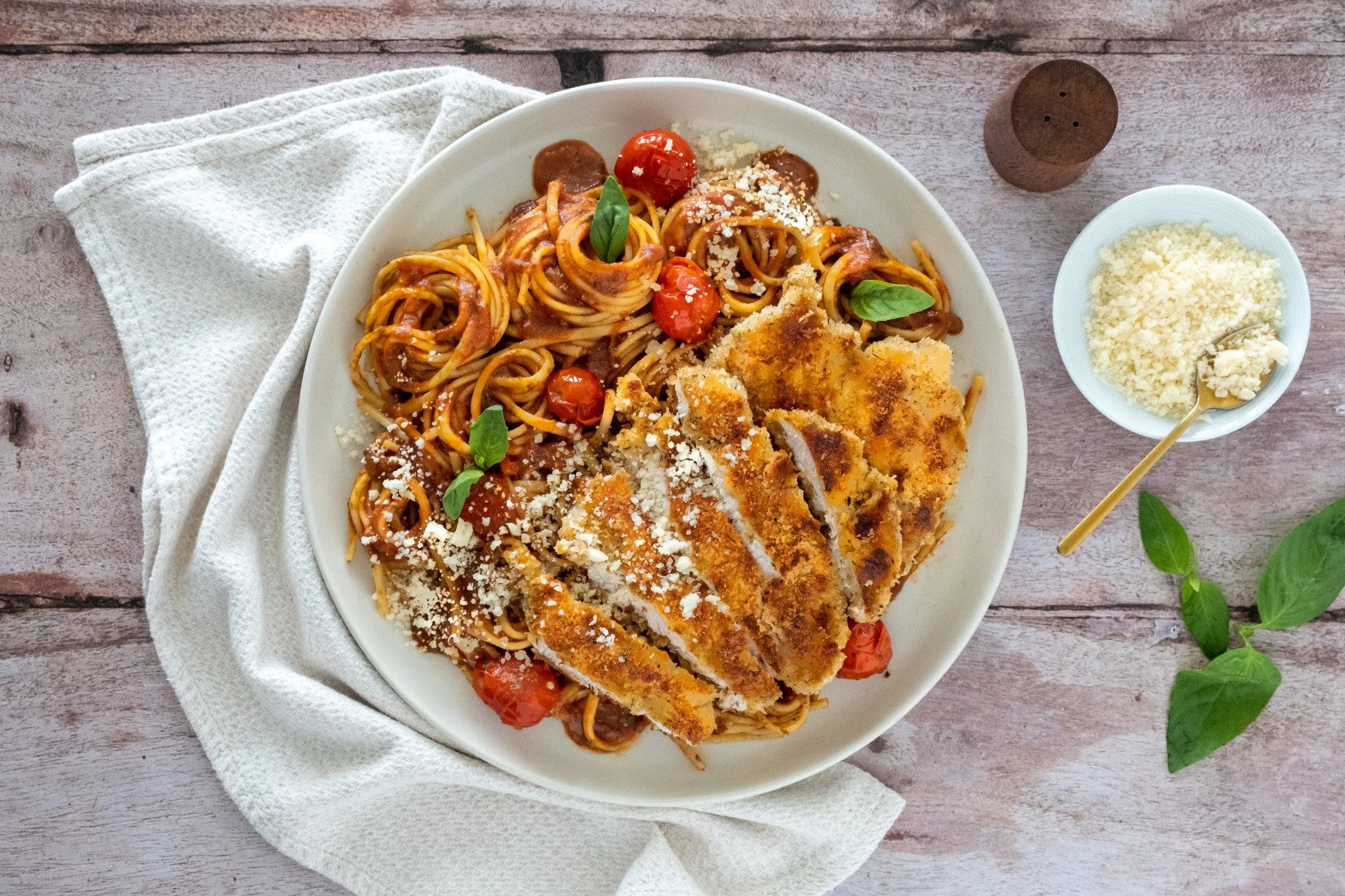 Breaded Chicken with Linguine Marinara