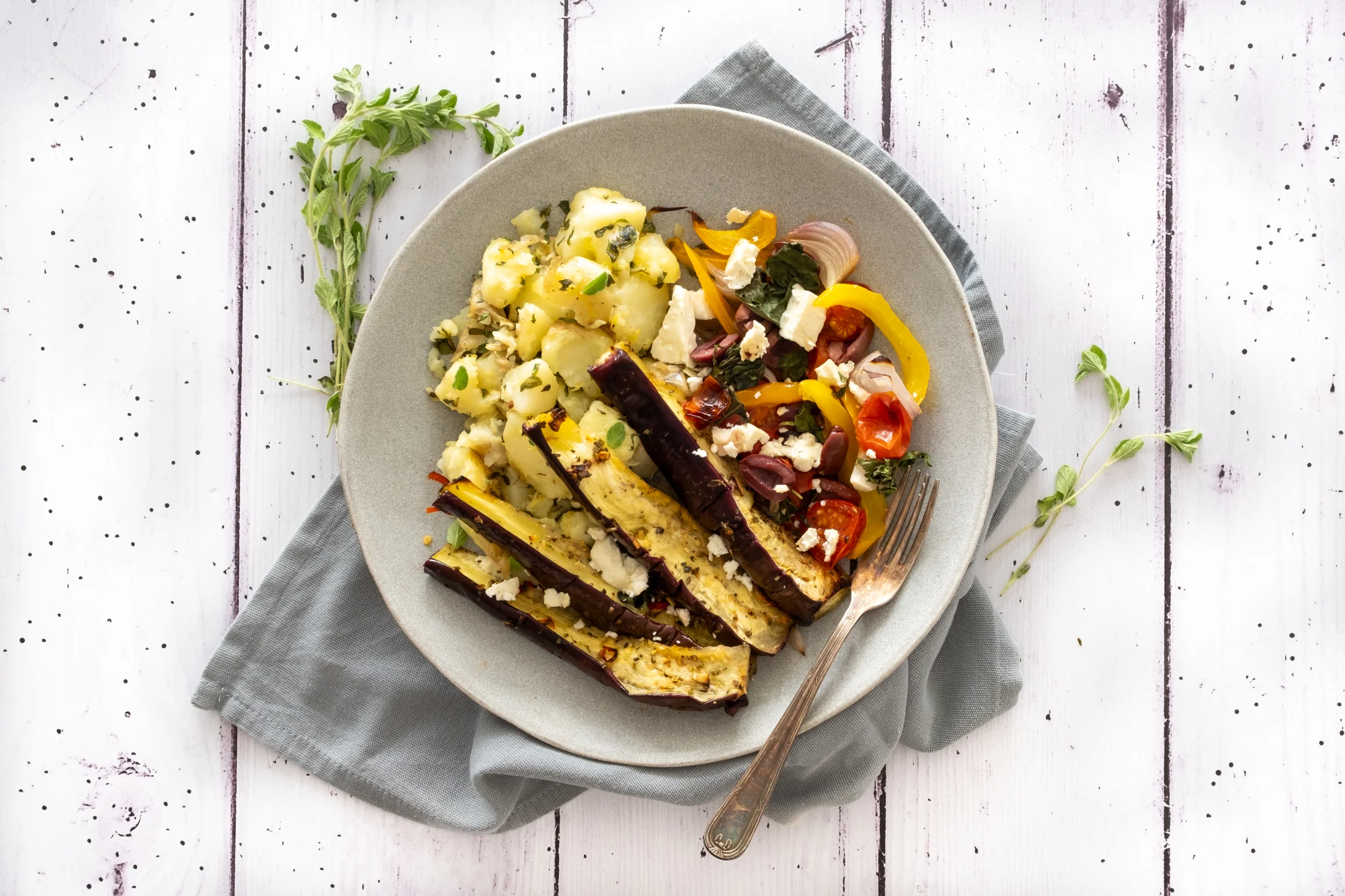 Greek Eggplant Traybake with Lemon and Oregano Smashed New Potatoes