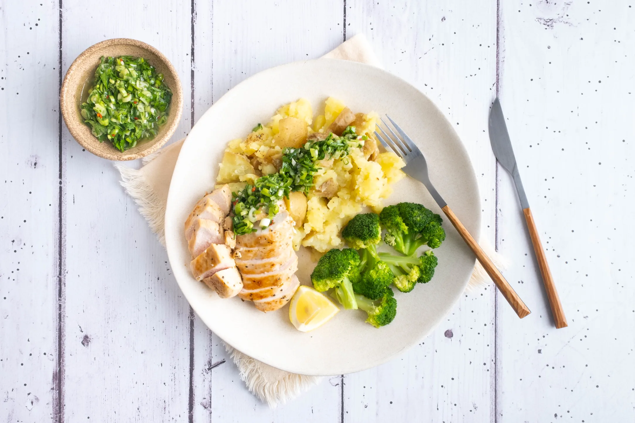 Pan-Fried Chicken Breast with Crushed Potatoes and Salsa Verde