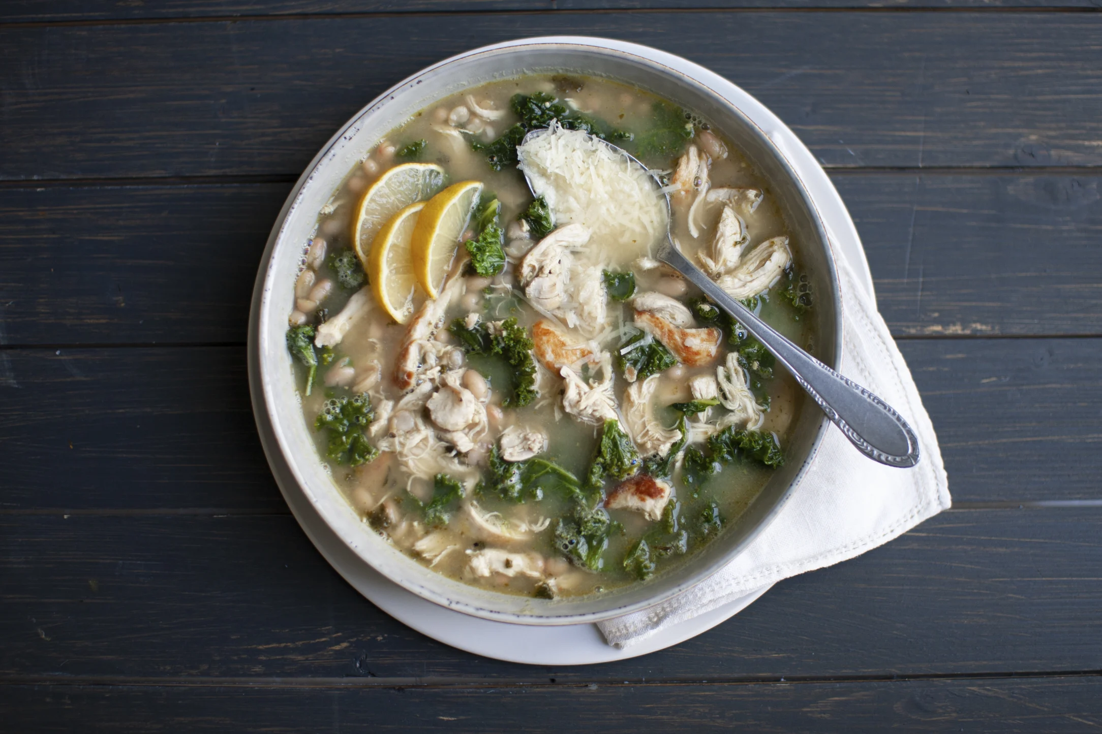 Chicken Broth with Pesto, Kale and Beans