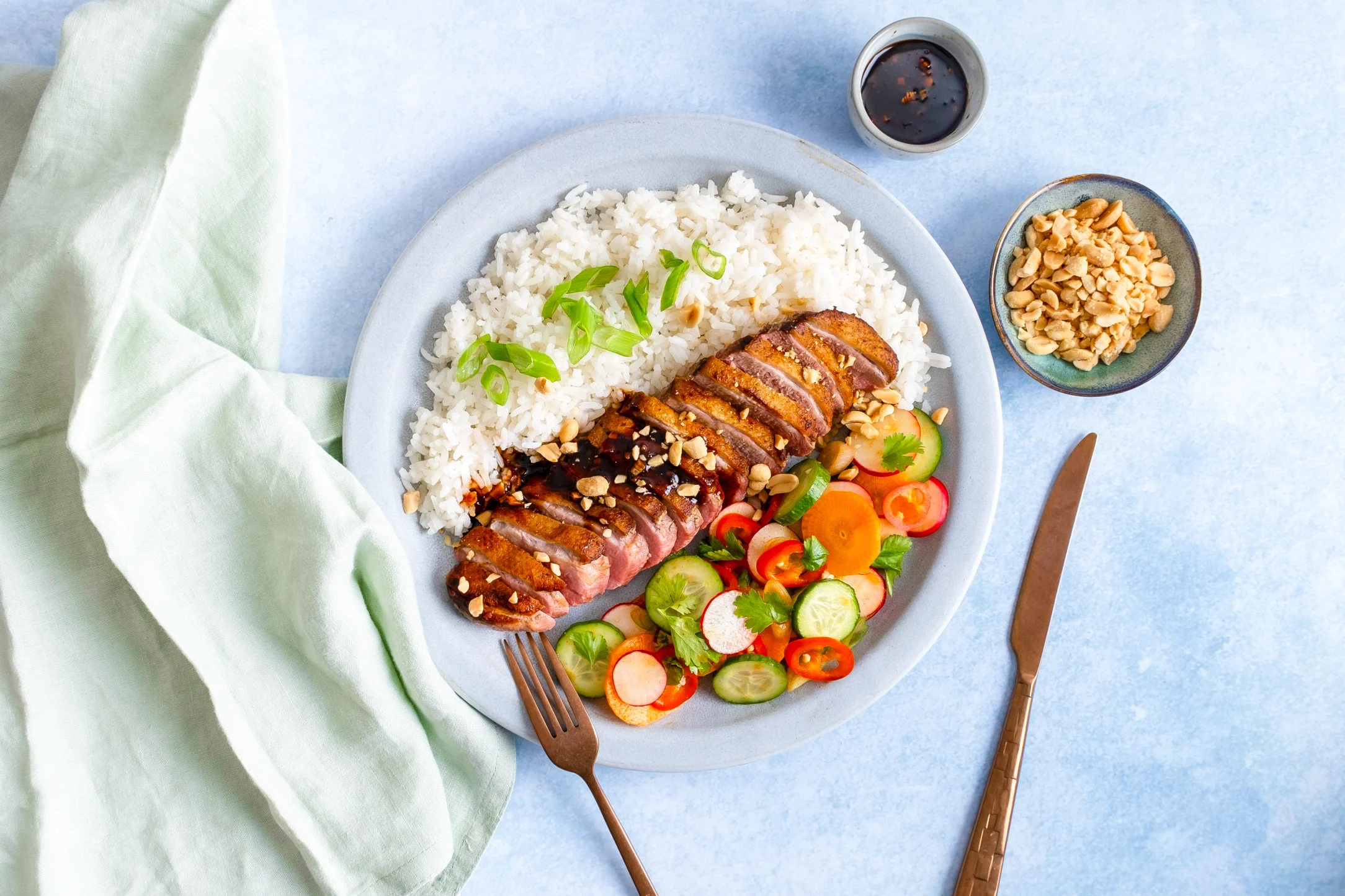 Sticky Korean-Style Duck Breast and Rice with Cucumber and Radish Sesame Salad